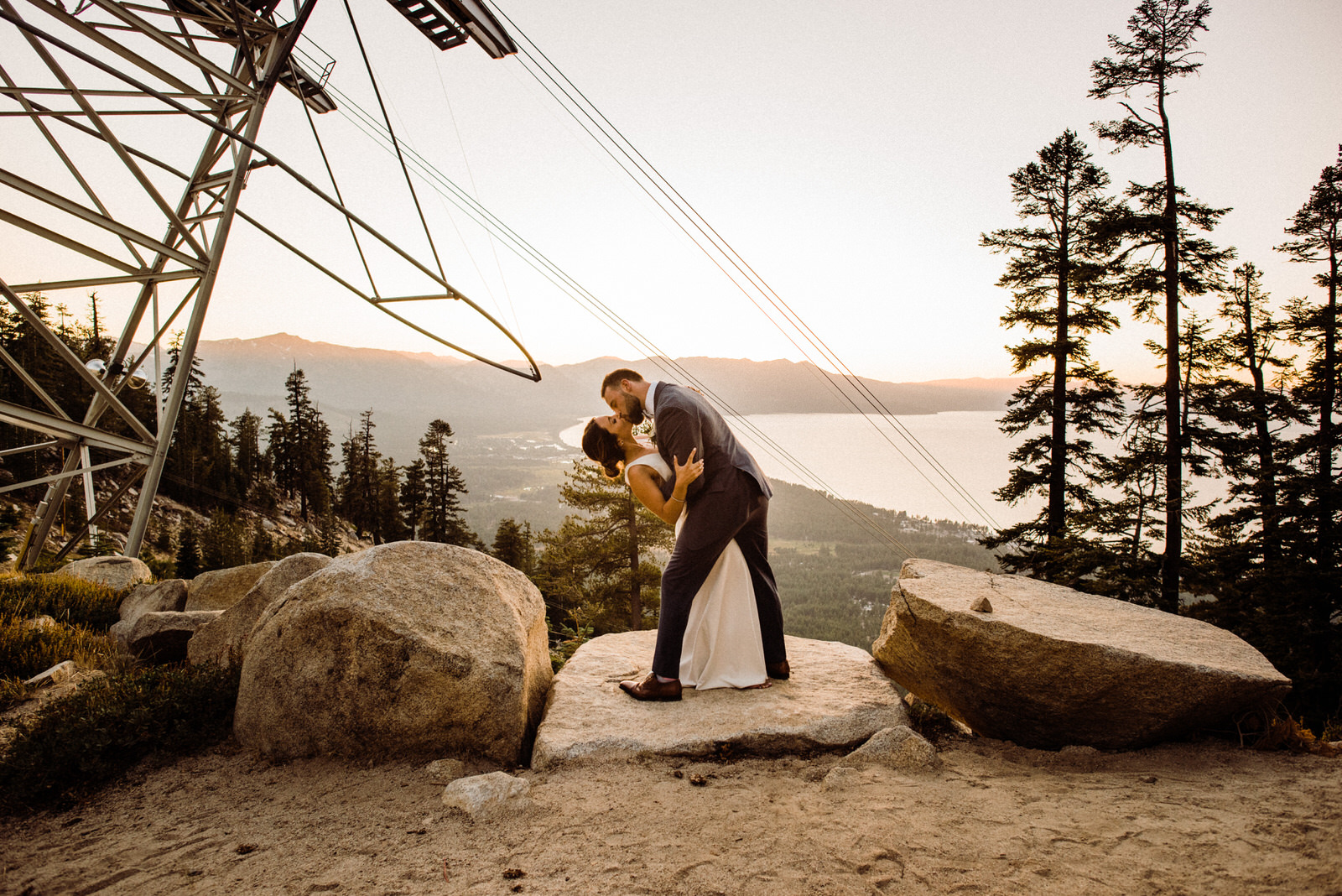 Romantic couple kissing at golden hour at Heavenly Lakeview Lodge Wedding Venue in South Lake Tahoe