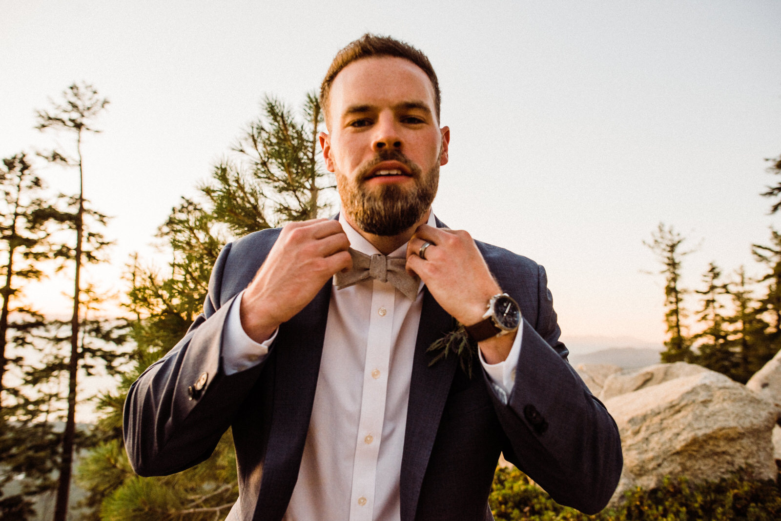 Groom silly portrait at golden hour in South Lake Tahoe, Callifornia