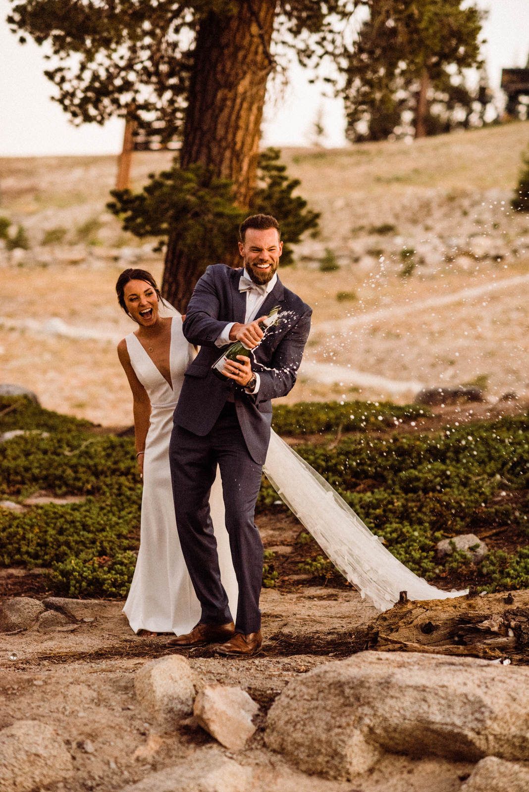 Champagne pop with bride and groom in Lake Tahoe, California