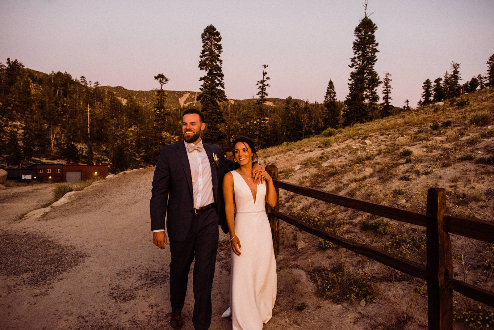 Blue hour portraits with barefoot bride and groom in Lake Tahoe, California at Heavenly Lakeview Lodge Wedding