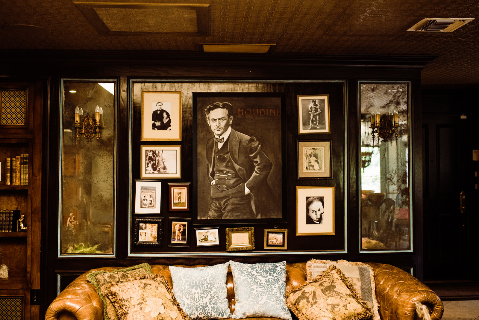 Houdini Estate Living Room with Portraits and Props of Escape Artist Harry Houdini | LA Wedding Venue | Laurel Canyon Los Angeles Wedding | Photo by Kept Record | www.keptrecord.com