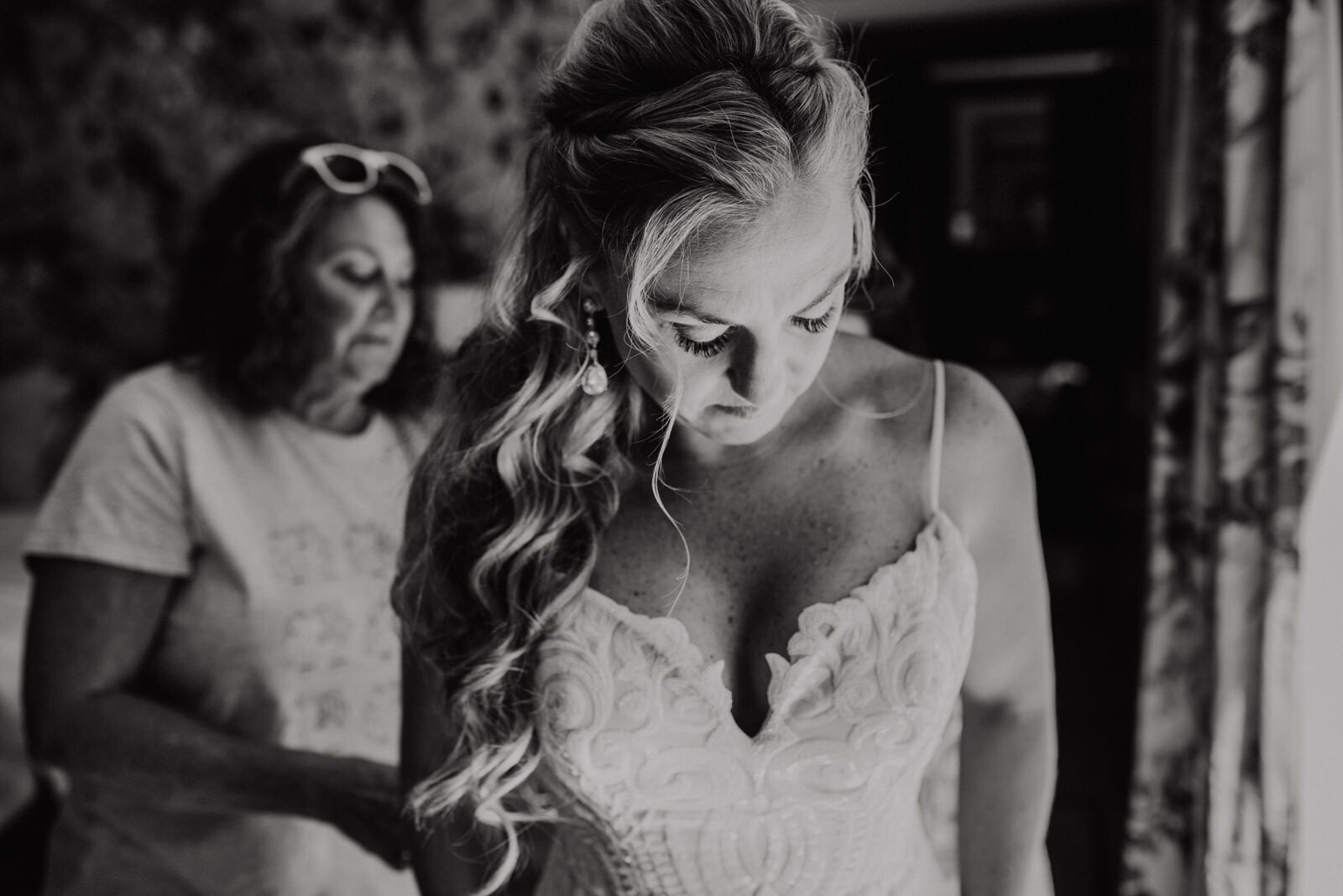 Bride at Houdini Estate - Black &amp; White Photo of Mom zipping Blush by Hayley Paige Dress | Candid, documentary wedding photos by LA Wedding Photographer Kept Record | www.keptrecord.com