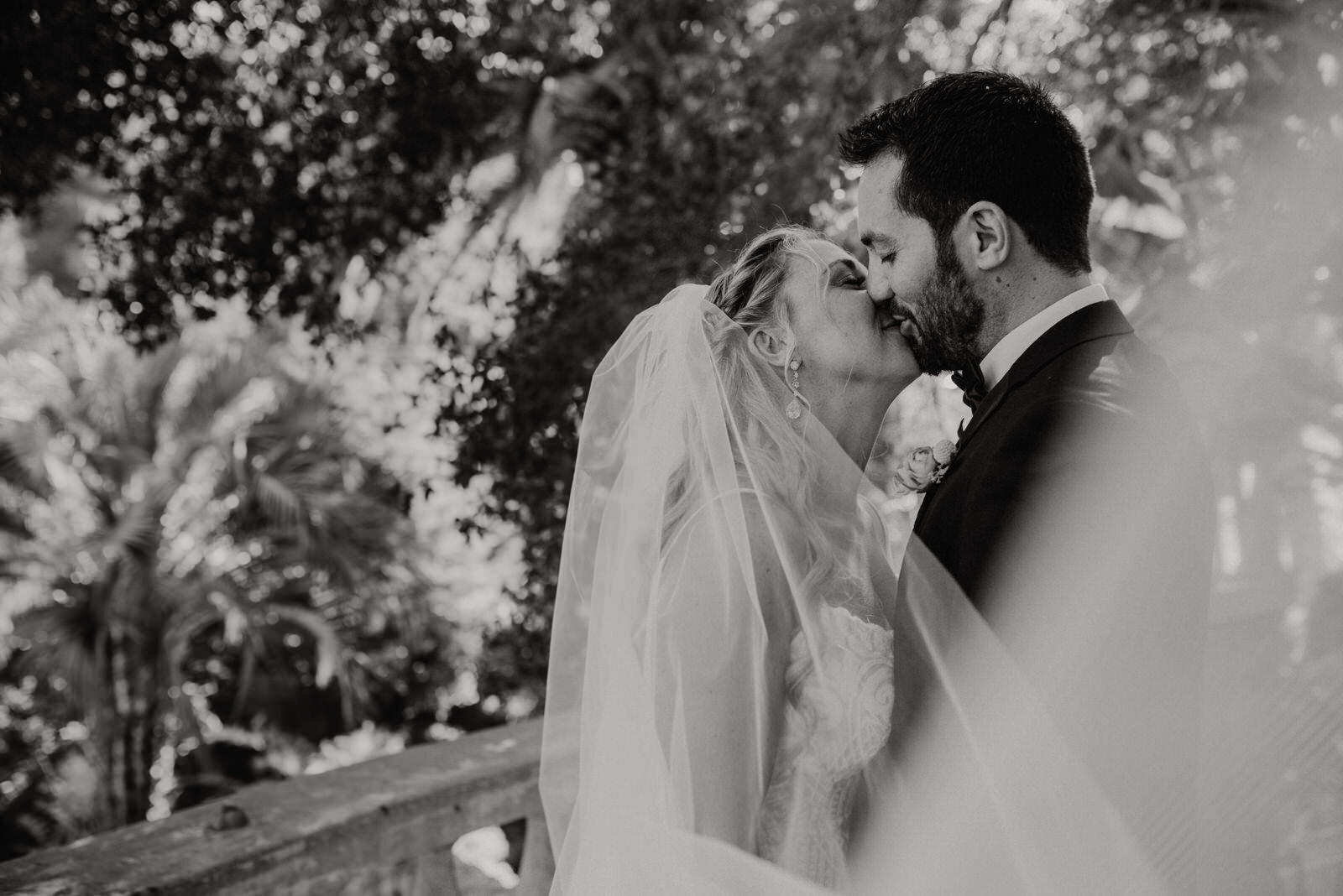 Bride in Hayley Paige wedding dress and veil kissing groom at Houdini Estate