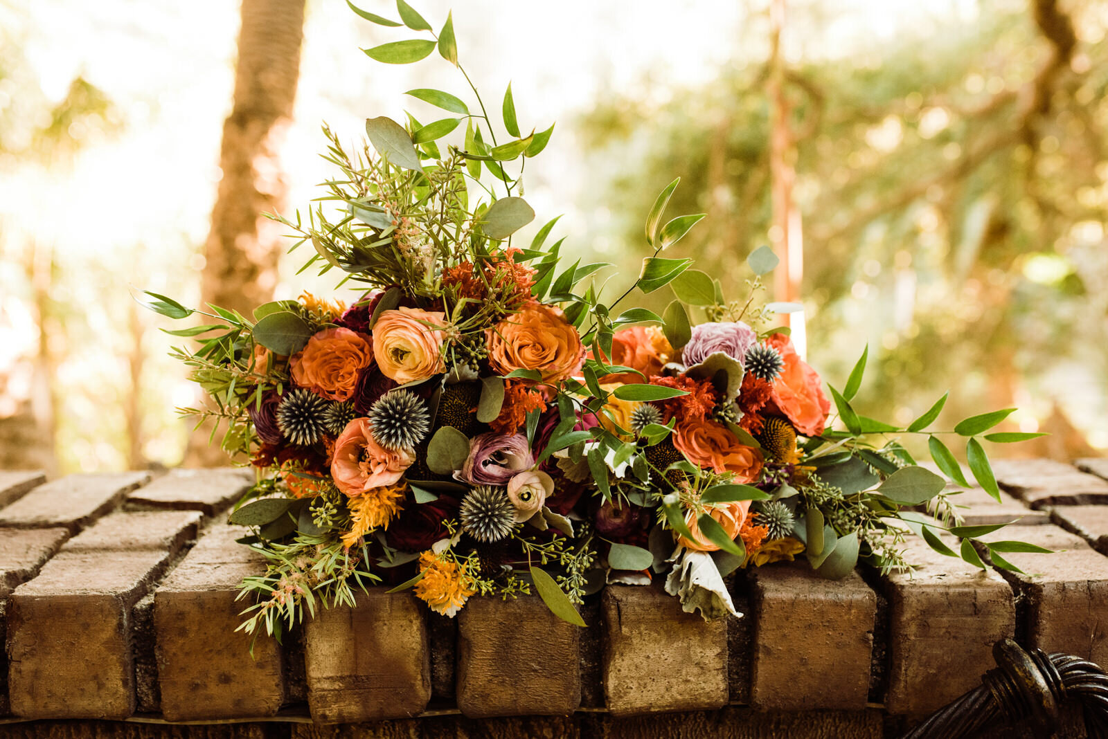 Colorful Bouquet from LA Wedding Florist Wildflora on Brick Walla at Historic Houdini Estate Venue | photo by Kept Record | www.keptrecord.com