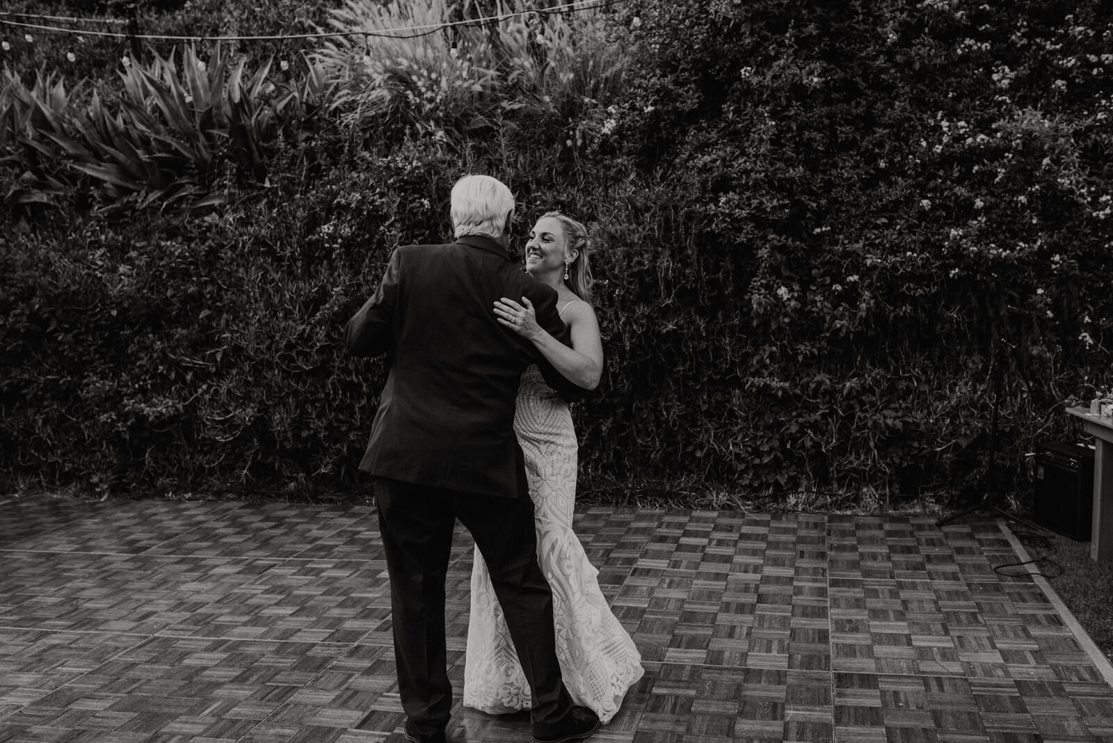 Black and white photo of father-daughter dance | LA Historic Houdini Estate Wedding | Summer Los Angeles Wedding | photo by Kept Record | www.keptrecord.com