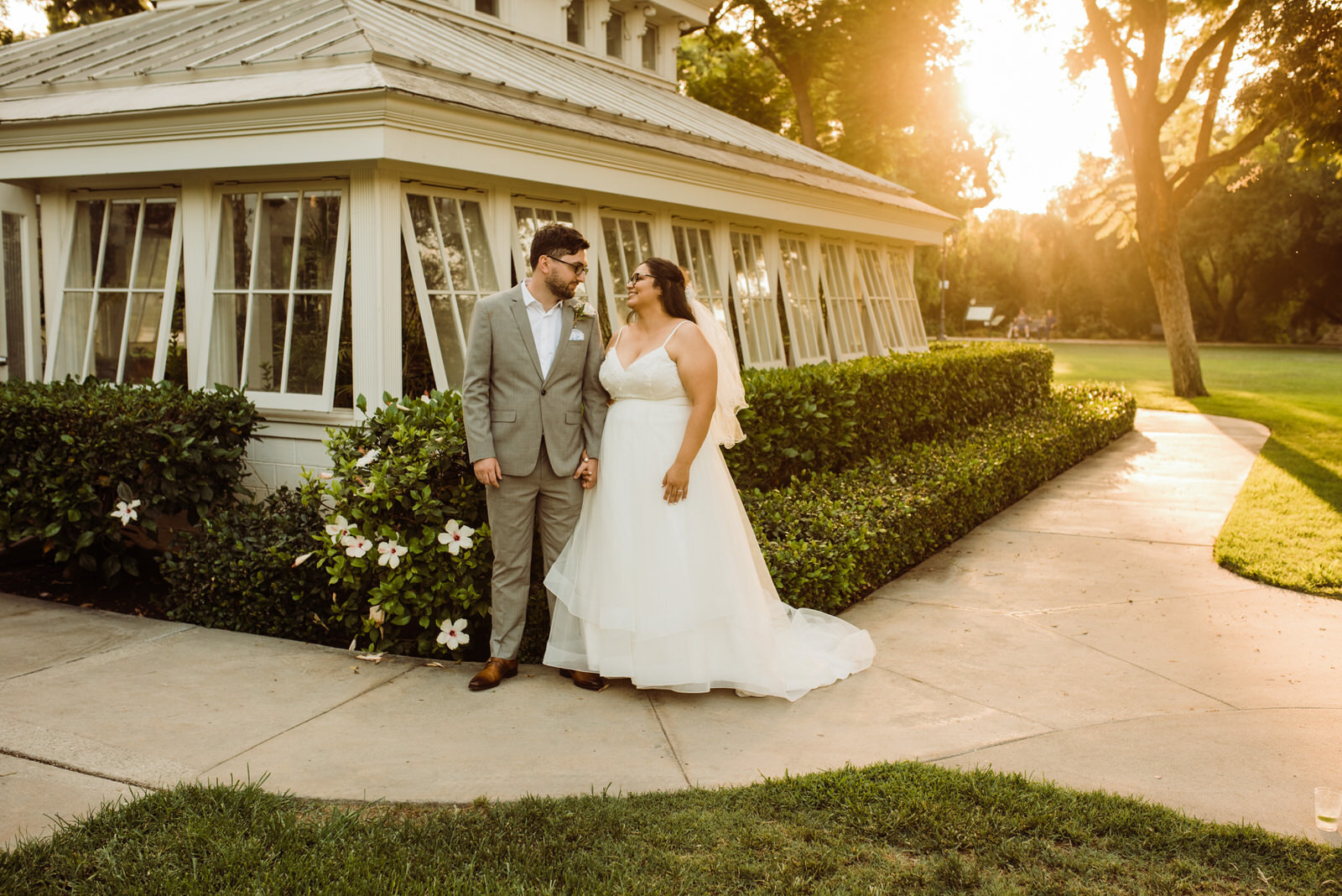 Bride and groom photo at sunset in Heritage Park