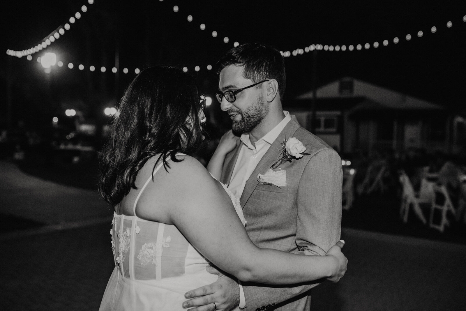 romantic black and white photo of bride and groom at Heritage Park in Santa Fe springs