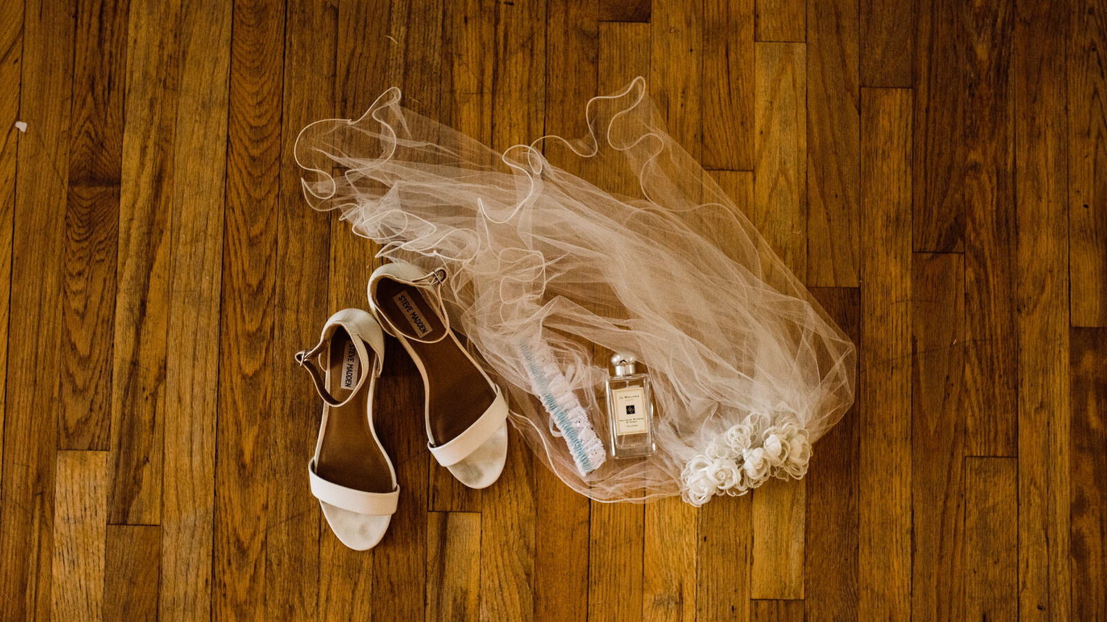 Wedding Shoes, Garter, Perfume, and Veil at Heritage Park Wedding