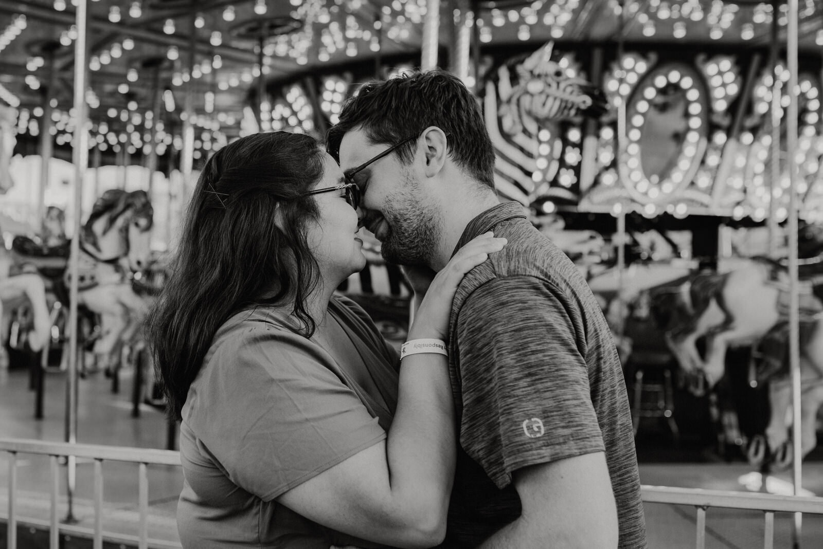 Blurry black and white romantic engagement photo in OC Fair