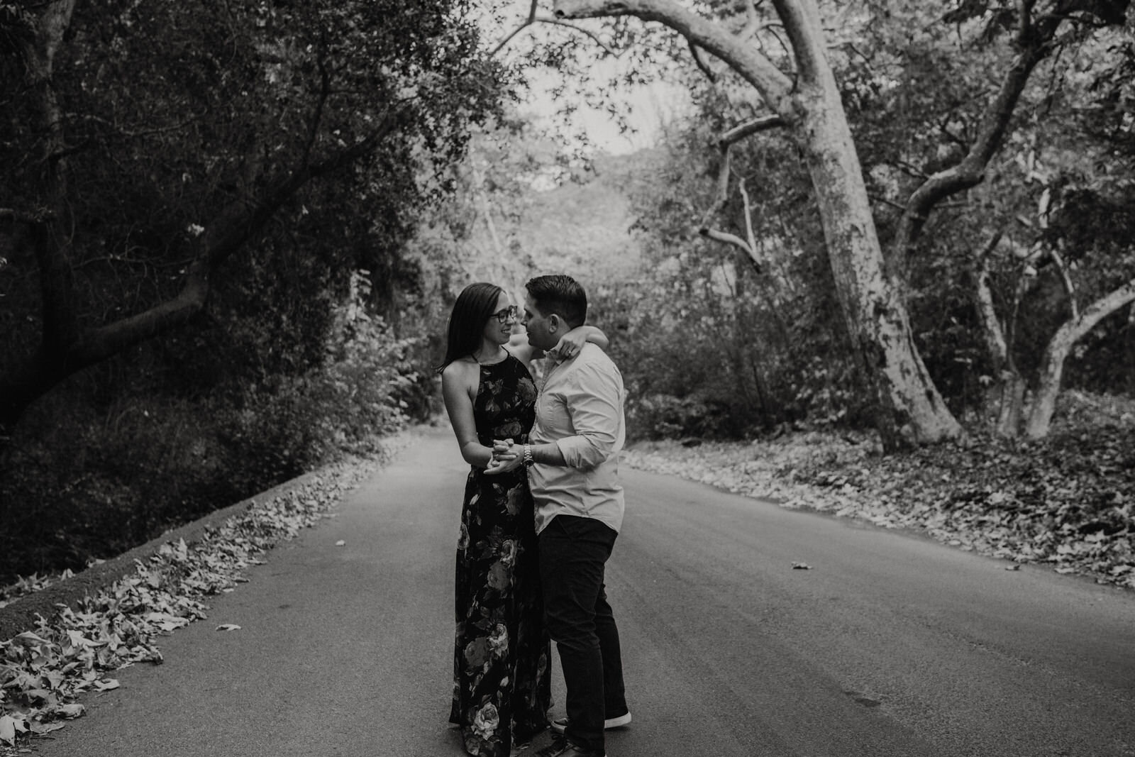 Romantic, classic black and white photo of engaged couple at Franklin Canyon Park