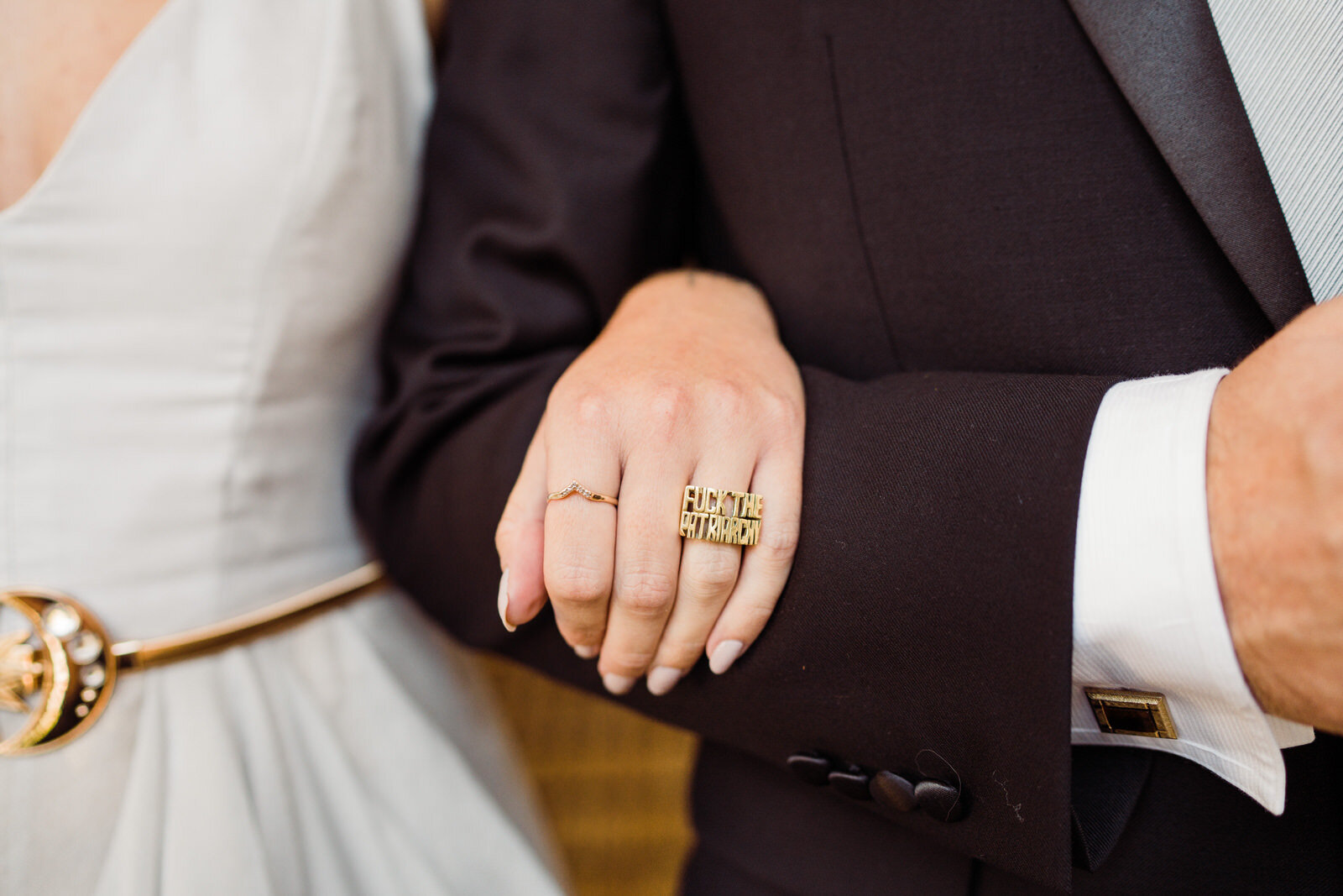 Modern, Feminist Wedding at Hotel Figueroa with bride wearing "Fuck the Patriarchy" ring