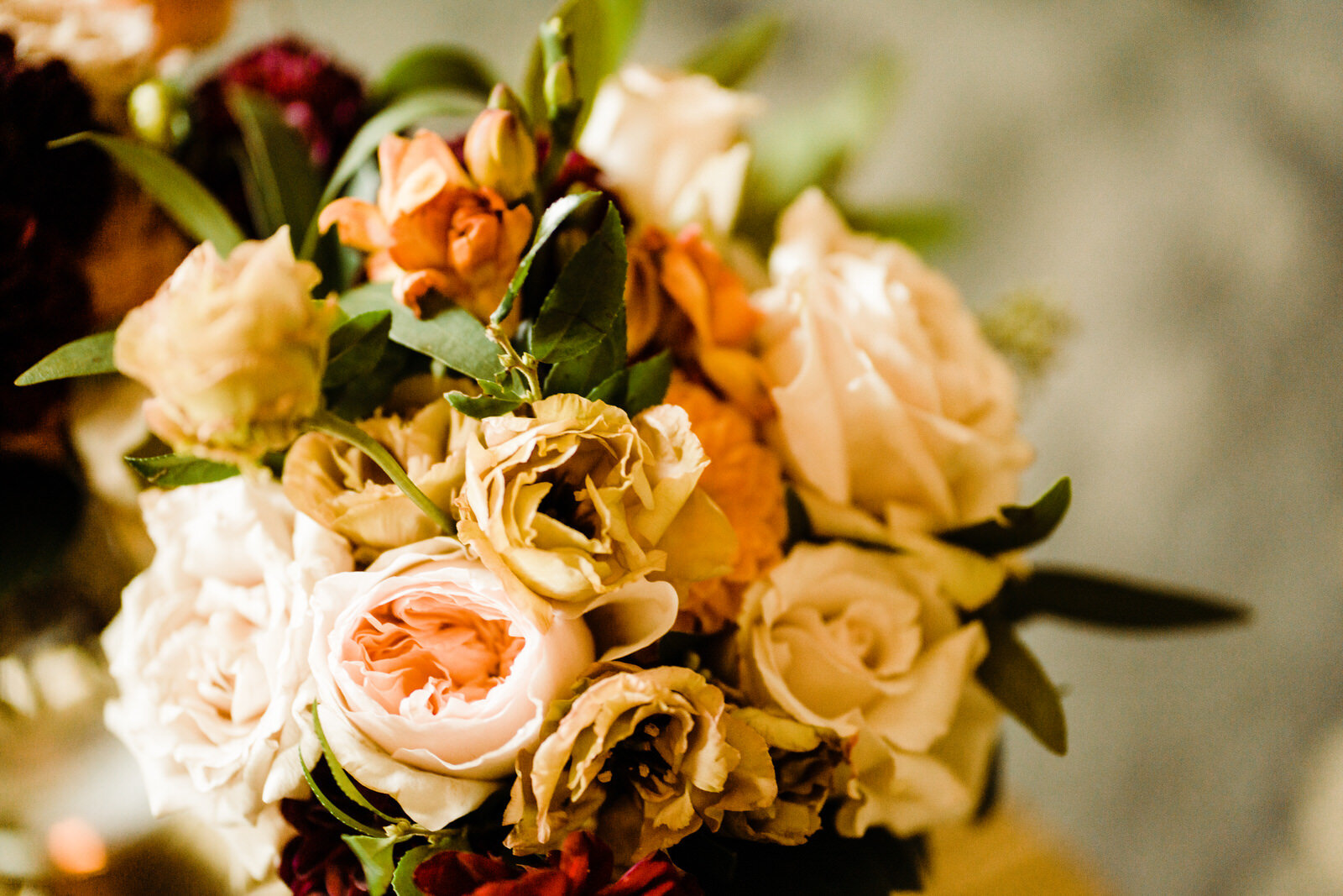 Closeup of bride's bouquet by Flowers by Lady Buggs at Los Angeles wedding at Hotel Figueroa