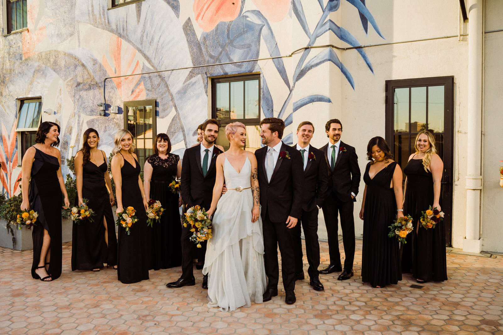 Co-ed wedding party at modern, feminist Hotel Figueroa wedding in downtown Los Angeles