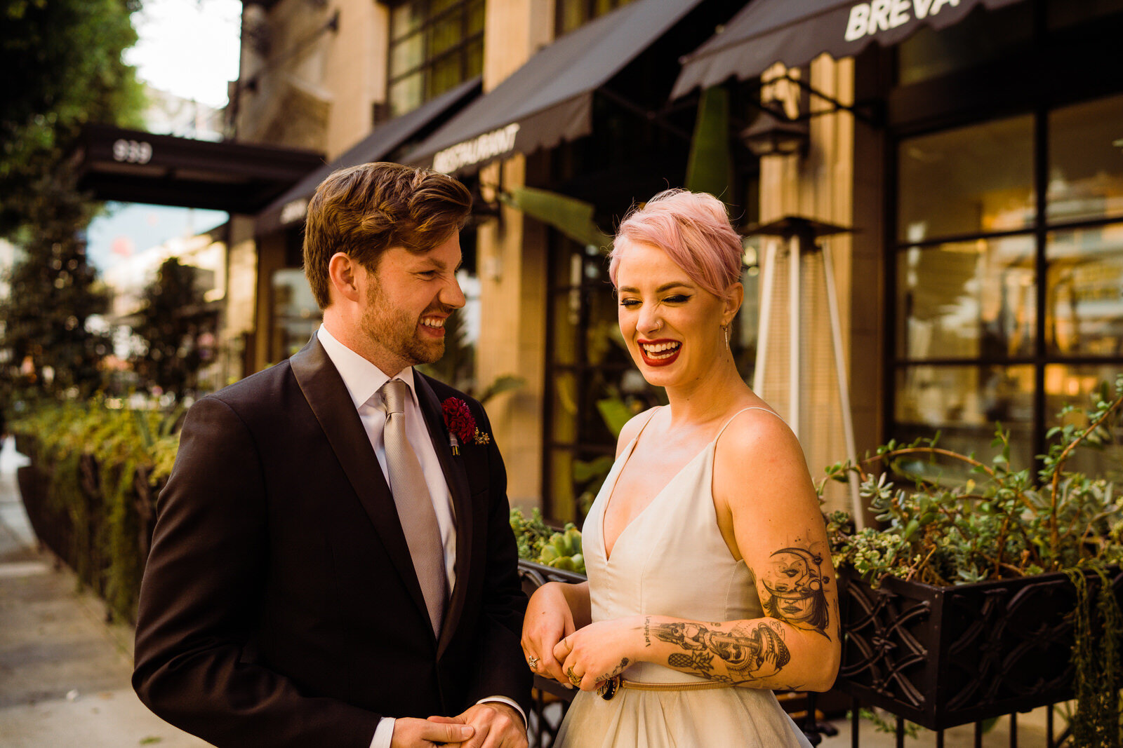 Couple laughing at Hotel Figueroa wedding