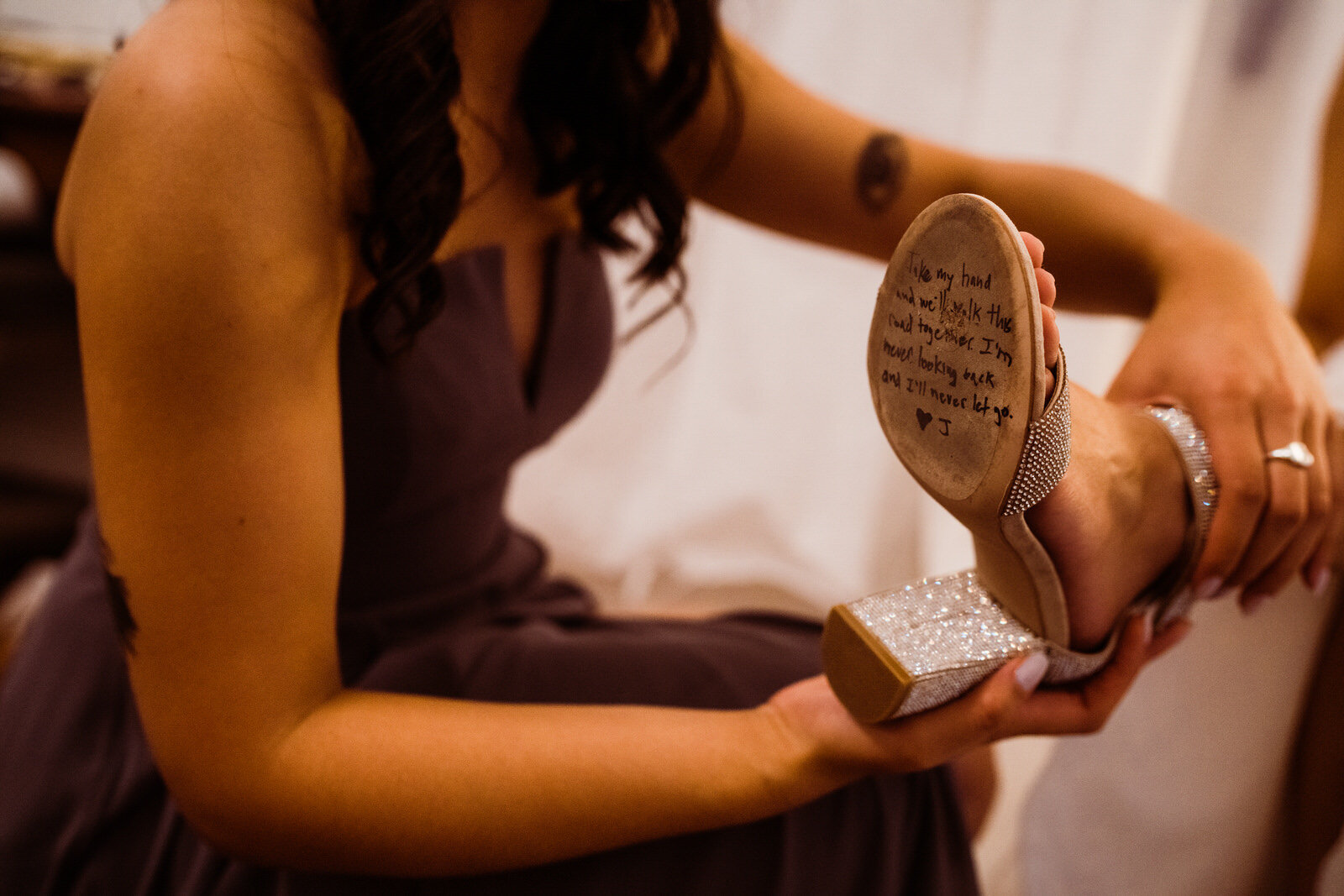 Bride's shoe detail with note from groom at Franciscan Gardens wedding in San Juan Capistrano, CA by Kept Record www.keptrecord.com