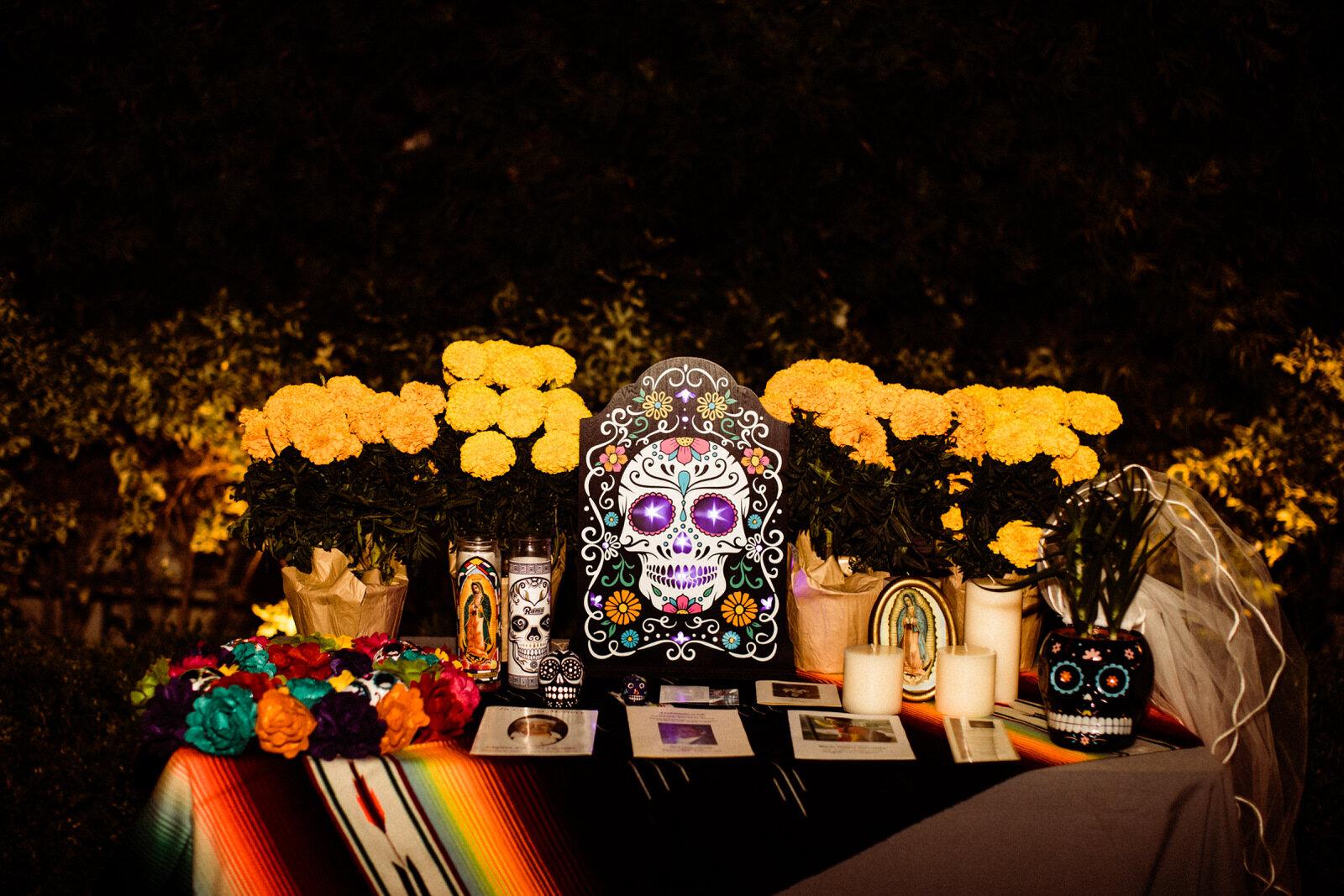 Dia de los Muertos table at Mexican wedding in San Juan Capistrano Franciscan Gardens 
