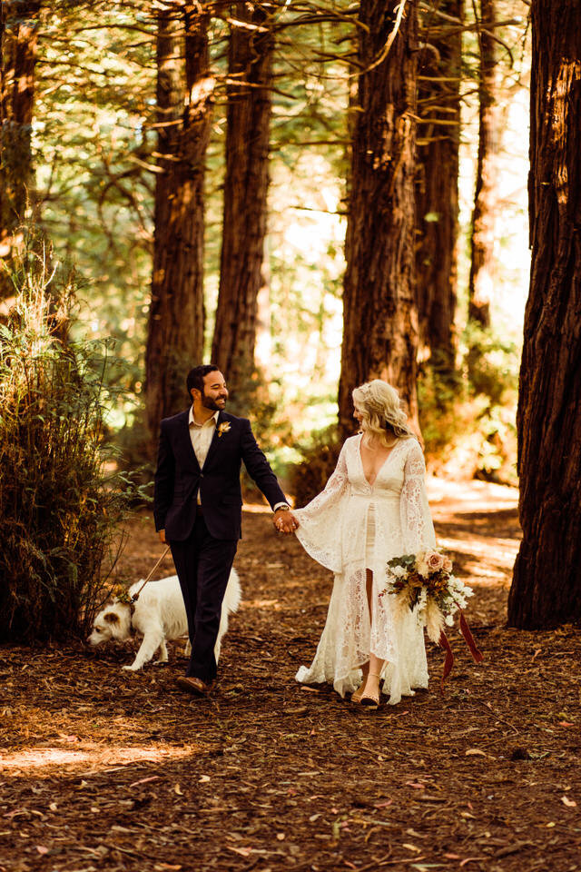 Eloping couple in Redwoods walking dog wearing flower crown