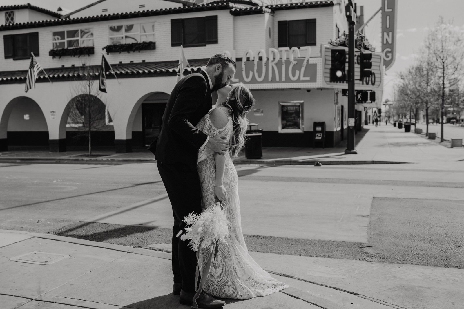 Bride and Groom at East Fremont Street in front of El Cortez Casino