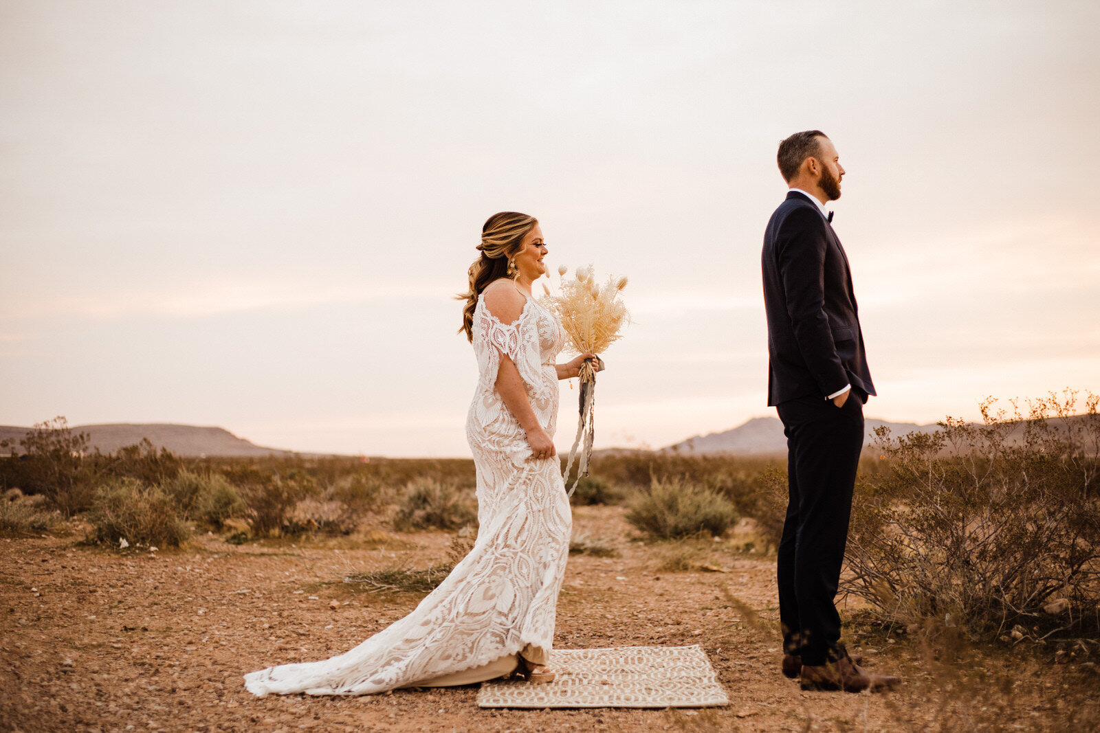 Bride Walks towards groom for first look in Las Vegas Desert