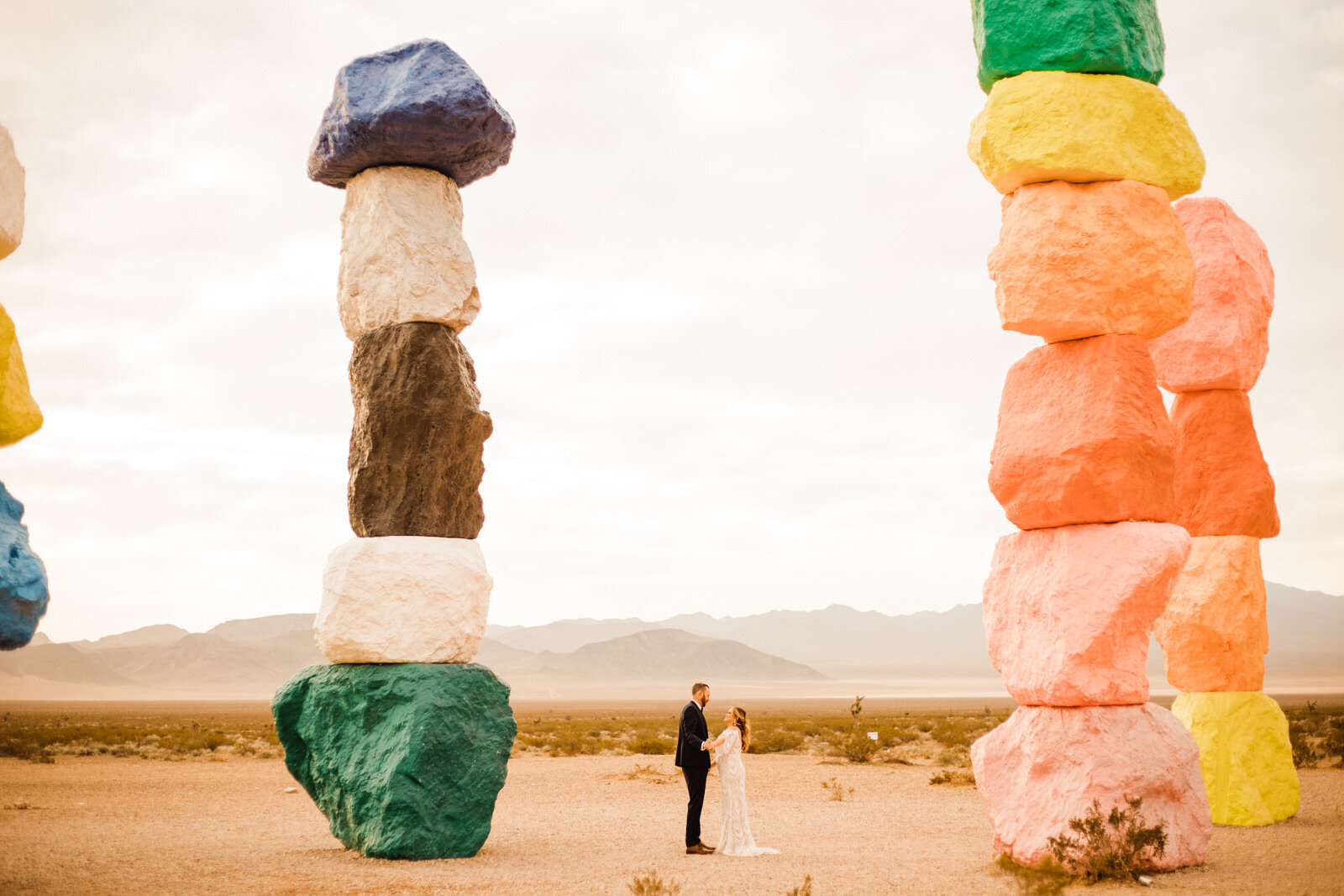 Bride and Groom with Seven Magic Mountains Art Installation in Las Vegas, NV