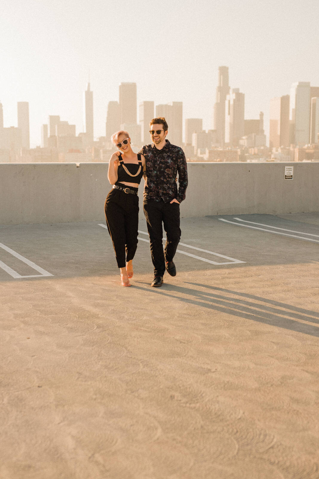 Chic, alternative, tattooed couple at Downtown LA rooftop engagement | fun, nontraditional wedding photos by California Elopement Photographer Planner Kept Record | www.keptrecord.com