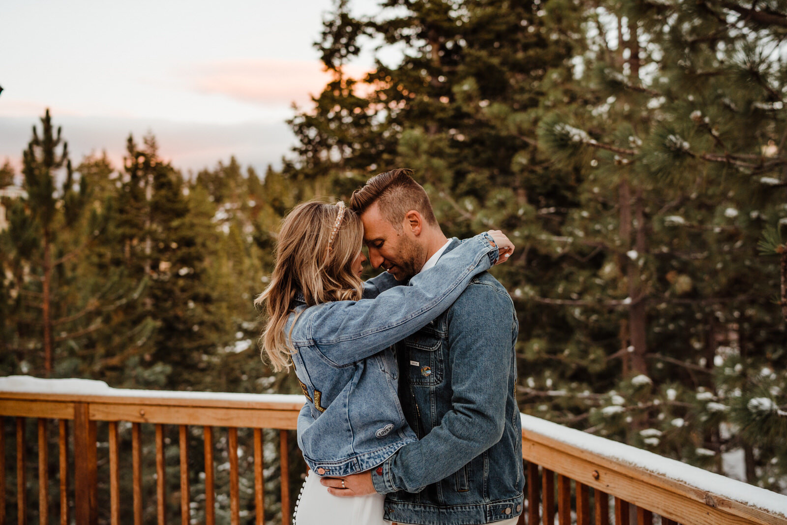 Couple at sunset in jean jackets | Lake Tahoe elopement photographer | fun, nontraditional wedding photos by California Elopement Photographer Planner Kept Record | www.keptrecord.com