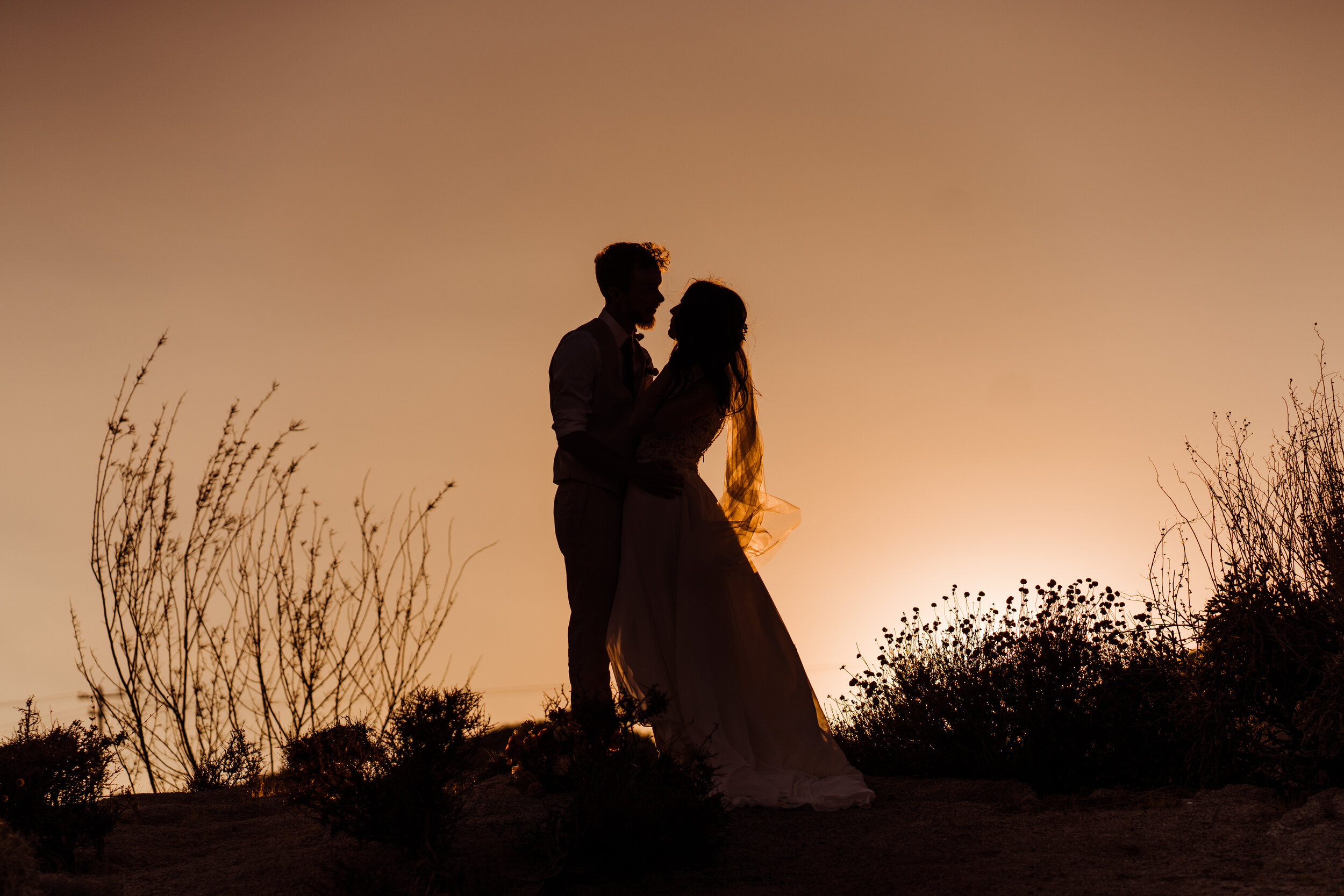 Bride and groom silhouette at Joshua Tree sunset | fun, nontraditional wedding photos by California Elopement Photographer Planner Kept Record | www.keptrecord.com