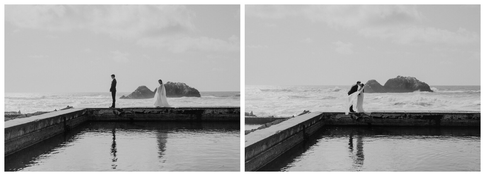 Sutro Baths First Look in San Francisco Elopement - bride and groom at the ocean - photo by Kept Record | www.keptrecord.com