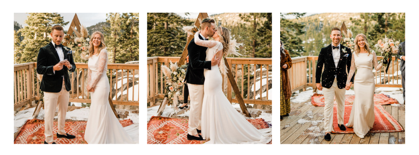 Lake Tahoe Cabin Elopement Ceremony - Three Images side-by-side of Bride and Groom - Photo by Kept Record | www.keptrecord.com