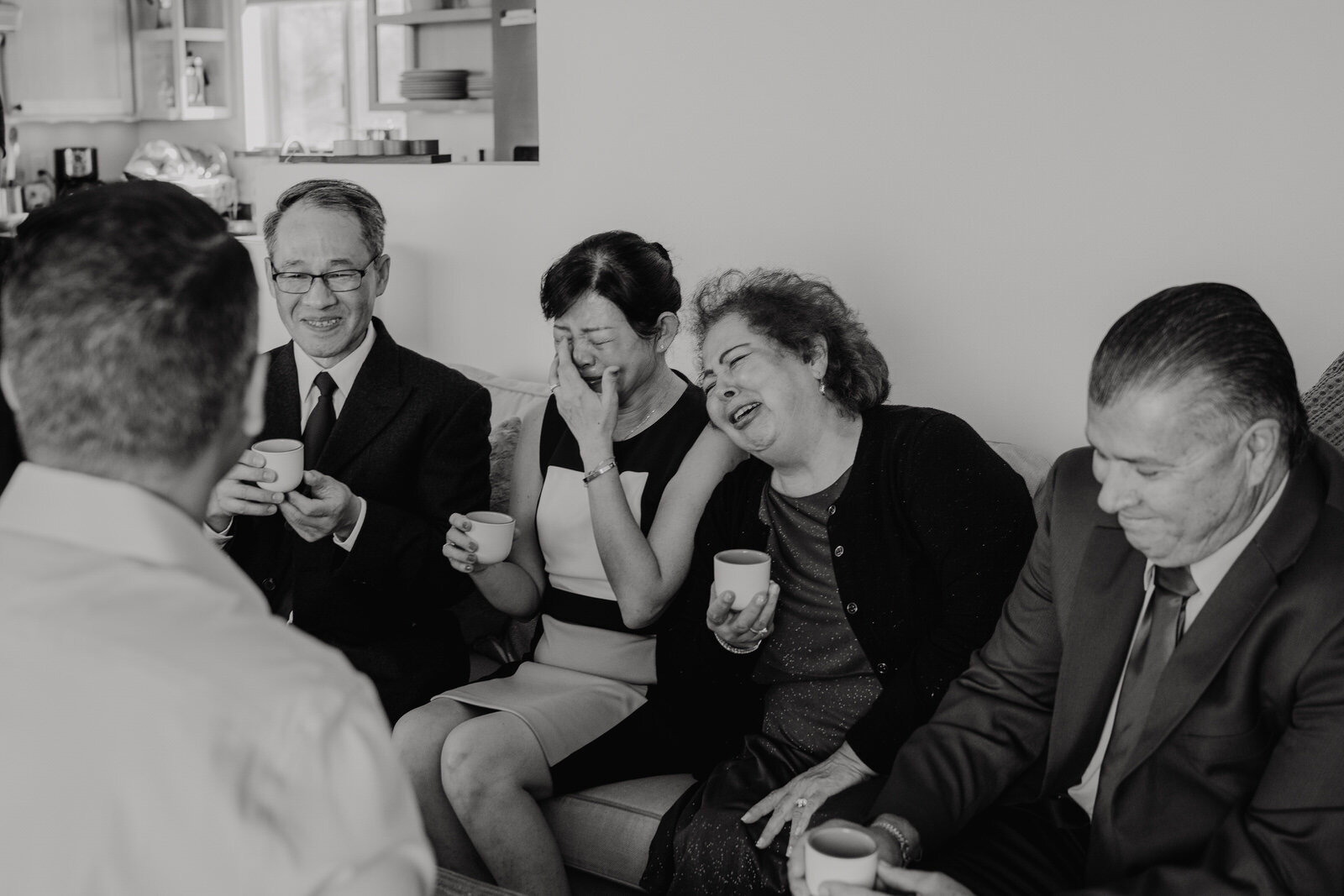 Mothers Crying at Chinese Tea Ceremony in Black and White Photo at Joshua Tree Wedding