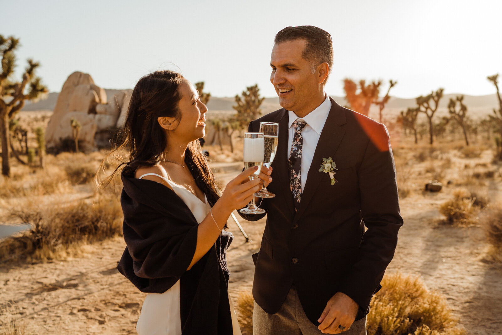 Sunset Champagne with Newlyweds Joy and Tony, California Music Teachers Marry in Joshua Tree Wedding