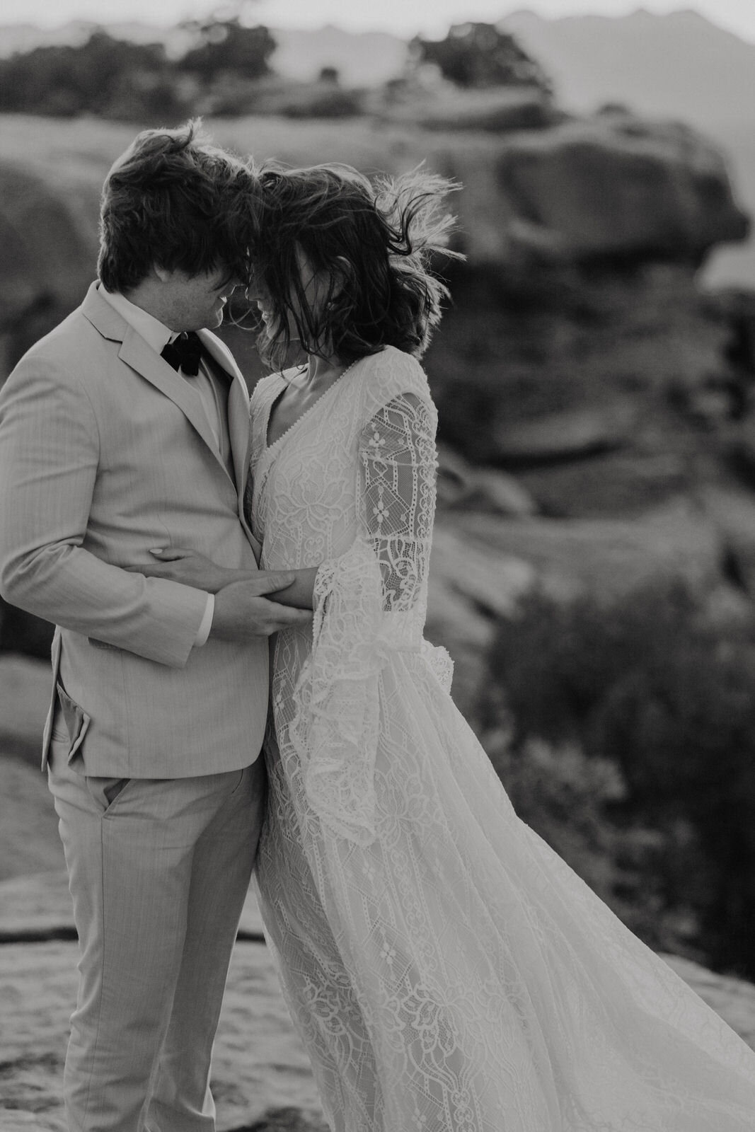 Black and White Film-Inspired Photo of Bride and Groom at Canyonlands Island in the Sky | Moab Wedding Photographer Kept Record | www.keptrecord.com