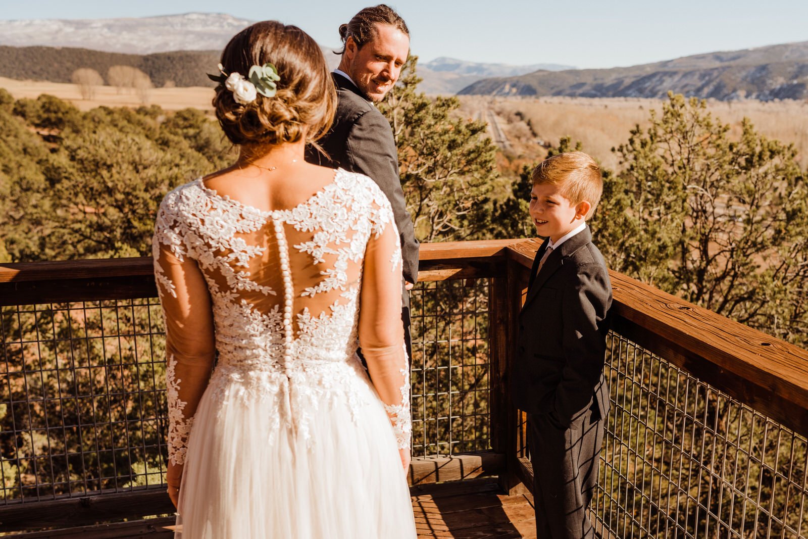 First Look with Groom and Stepson at Carbondale, Colorado Airbnb | Alternative, Adventurous Weddings | keptrecord.com