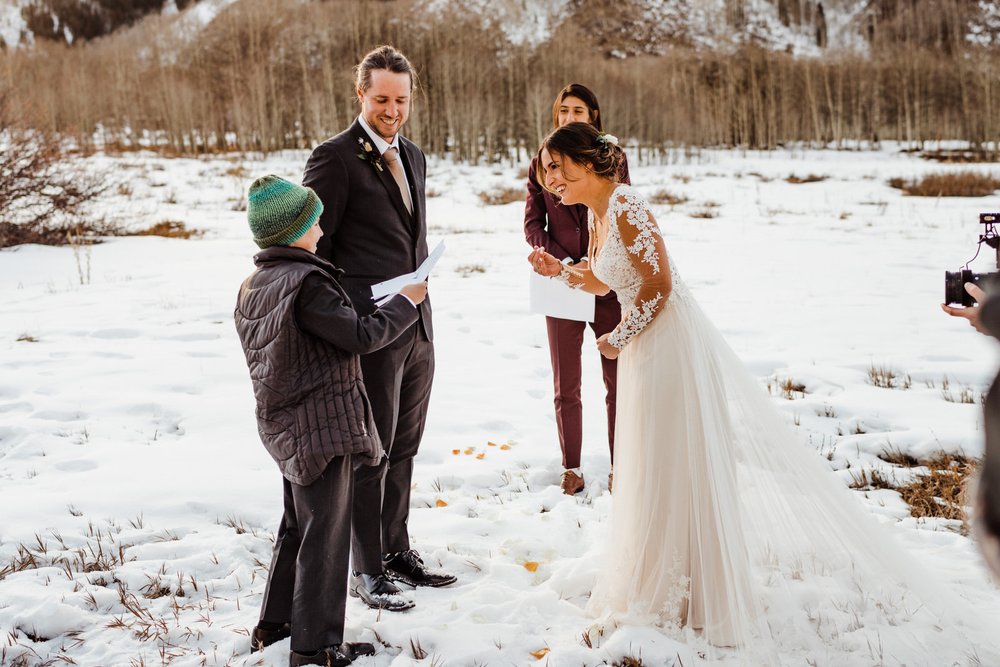 Stepson reads vows to Stepmom at Aspen, Colorado Elopement Ceremony | Colorado Wedding Photos | keptrecord.com