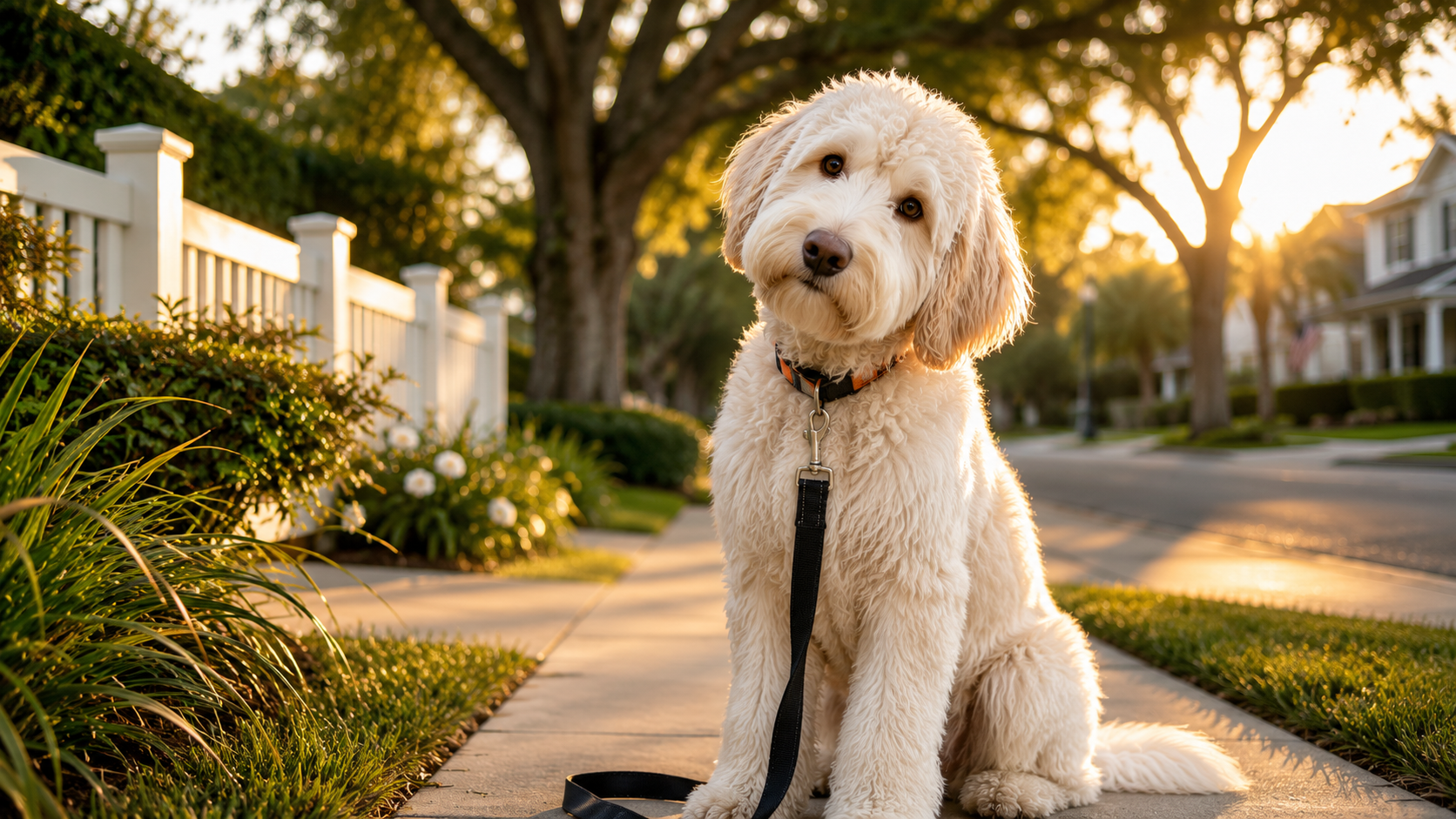 Cream Goldendoodle walking calmly through a Central Florida neighborhood, demonstrating confidence, structure, and real-world leadership-based dog training.