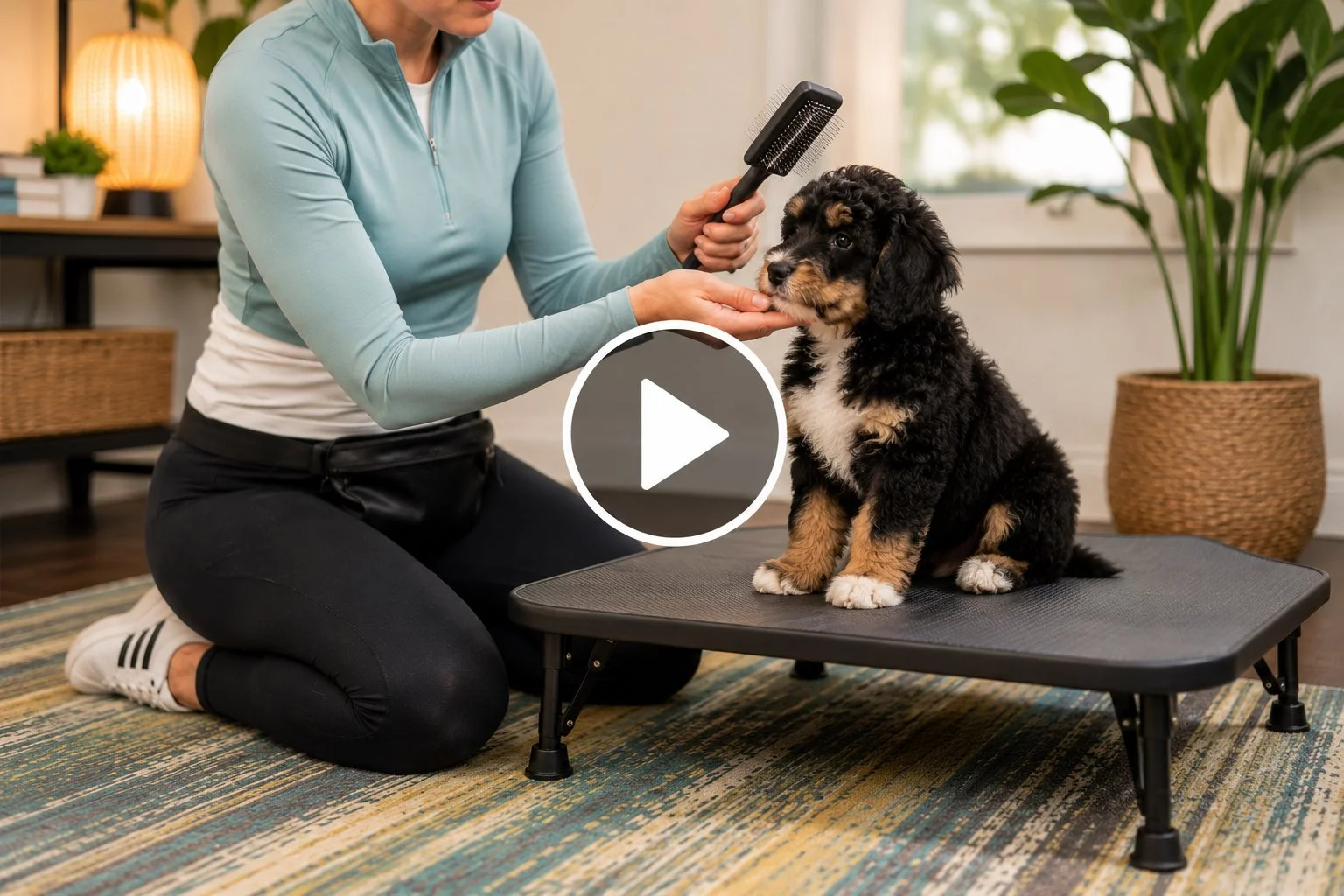 Trainer teaching a puppy cooperative grooming and handling skills.