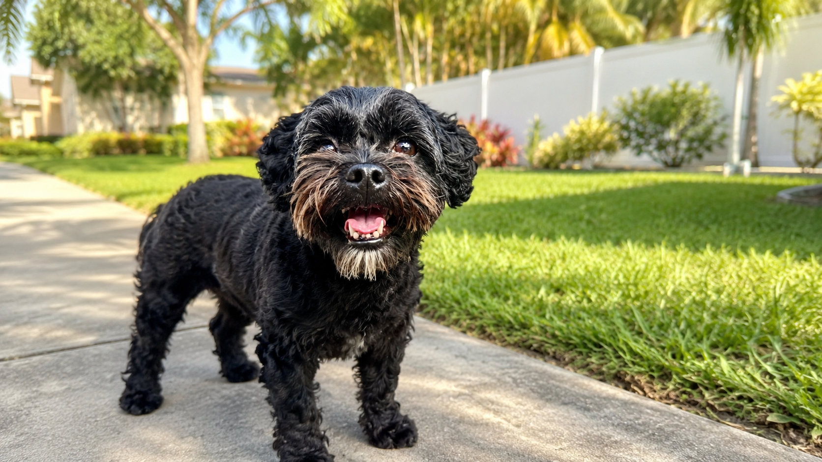 Small black scruffy dog standing on a sunny sidewalk in an Orlando residential neighborhood, with green grass, palm trees, and a white fence in the background.