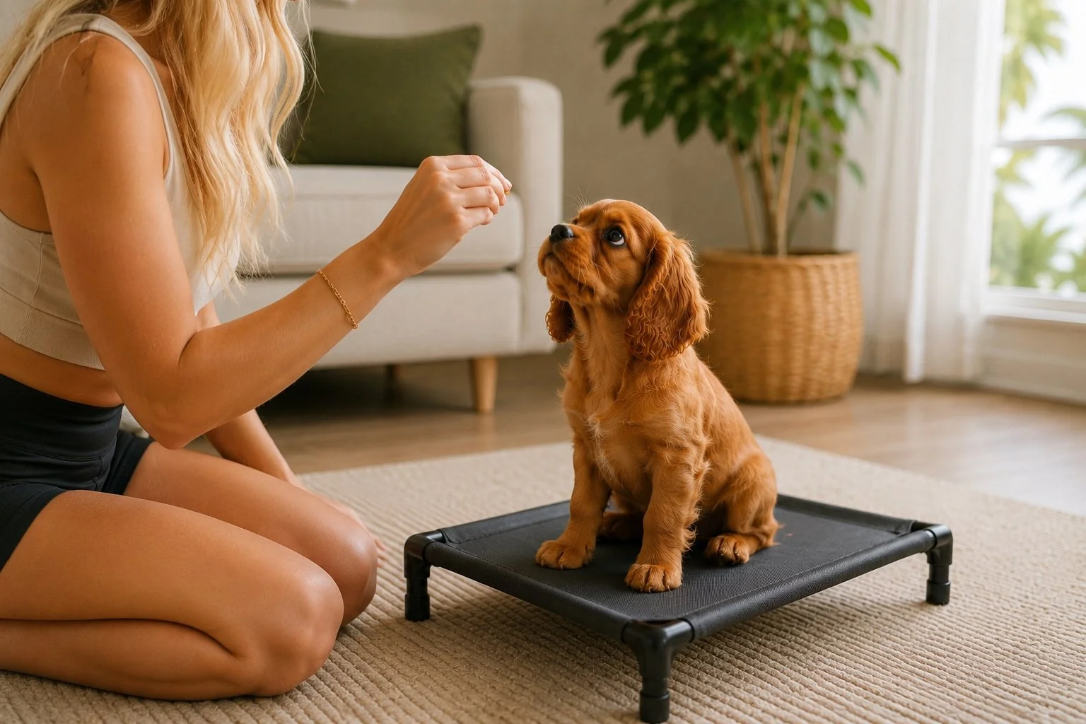Puppy practicing early training and engagement skills.