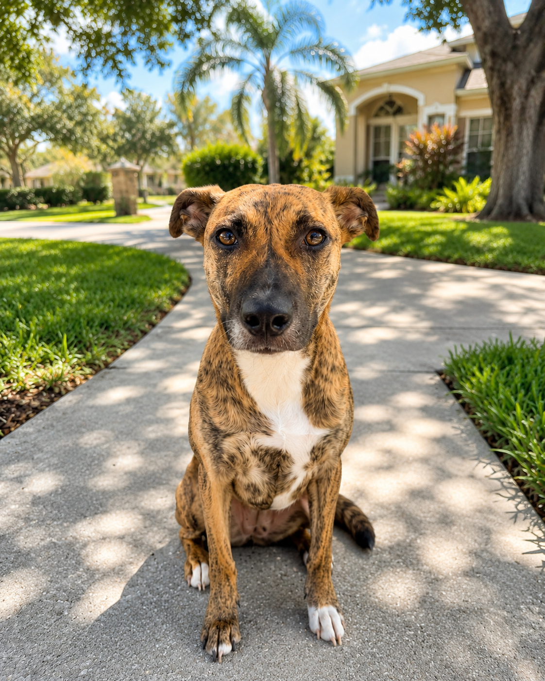 Mutt island dog confidently navigating a neighborhood during real-world dog training, highlighting consistency, accountability, and lasting behavioral change.