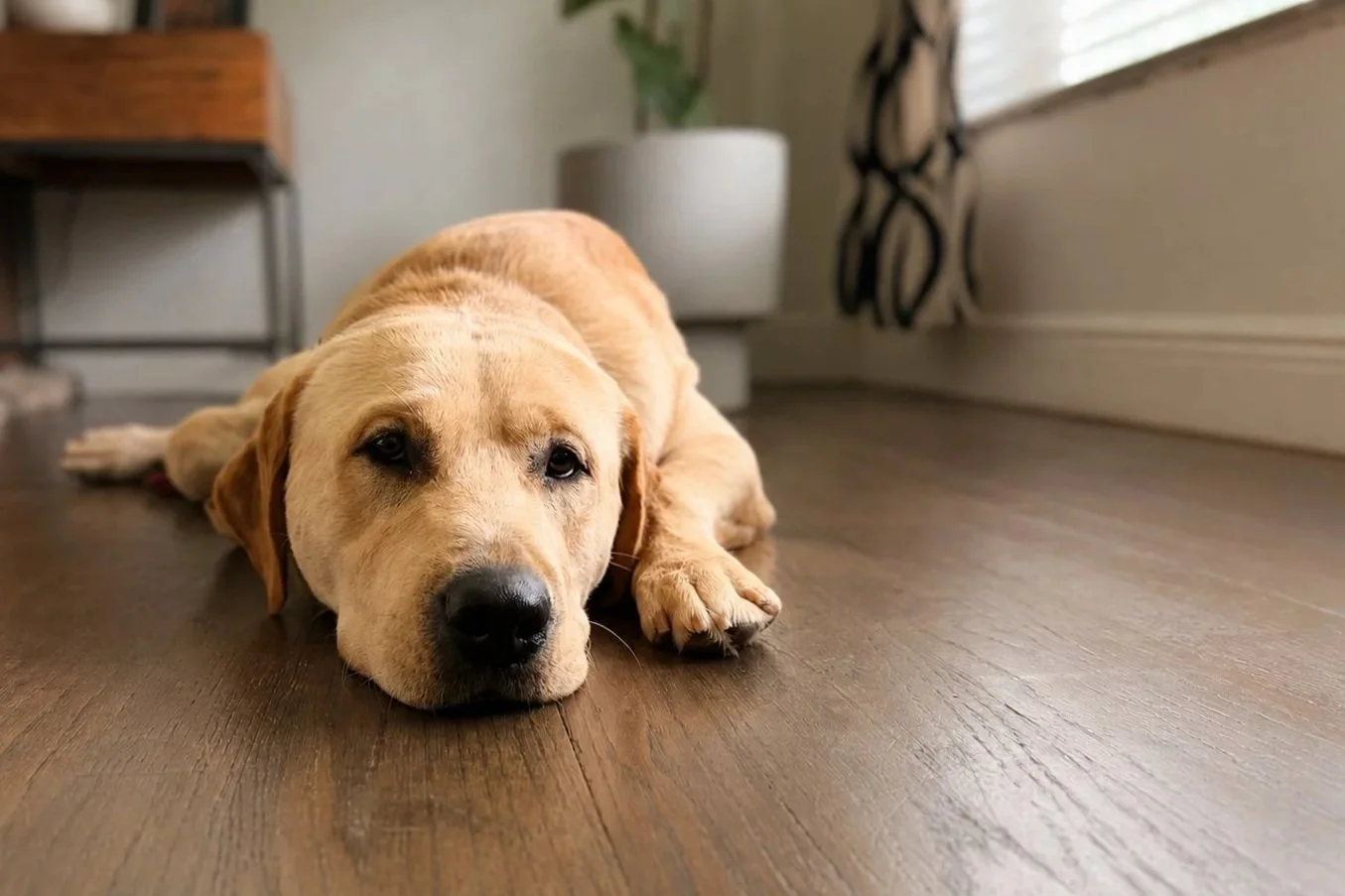 Yellow Labrador resting calmly with his head on the floor in a softly lit living room, illustrating stillness and emotional regulation.