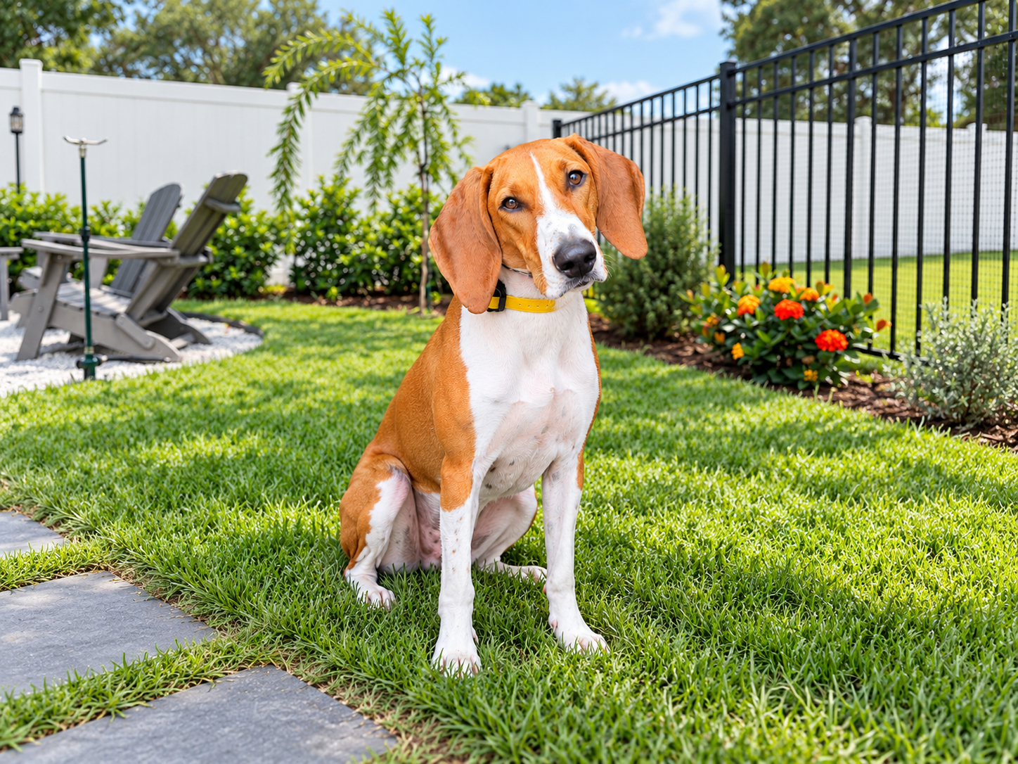 Penny, a tan and white hound, sitting attentively in a bright Florida backyard with green grass, a white privacy fence, black metal fencing, and tropical landscaping.