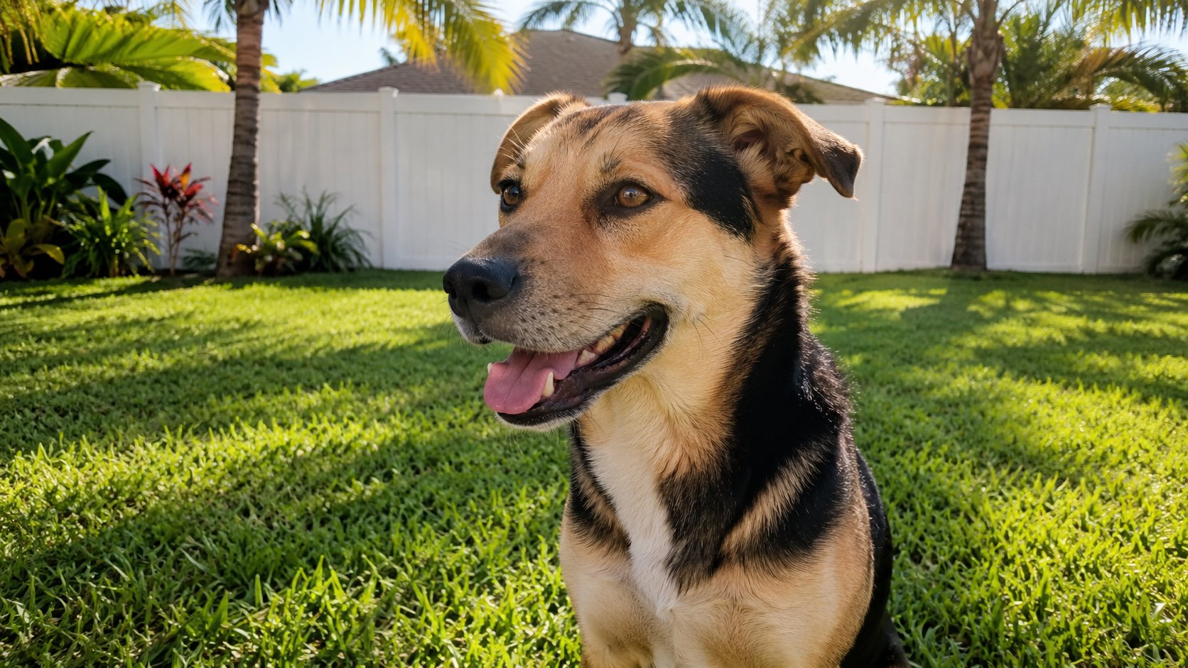 Calm mixed-breed dog in a bright Florida backyard with a white vinyl fence, illustrating emotional regulation and relief from anxiety and hyperactivity.