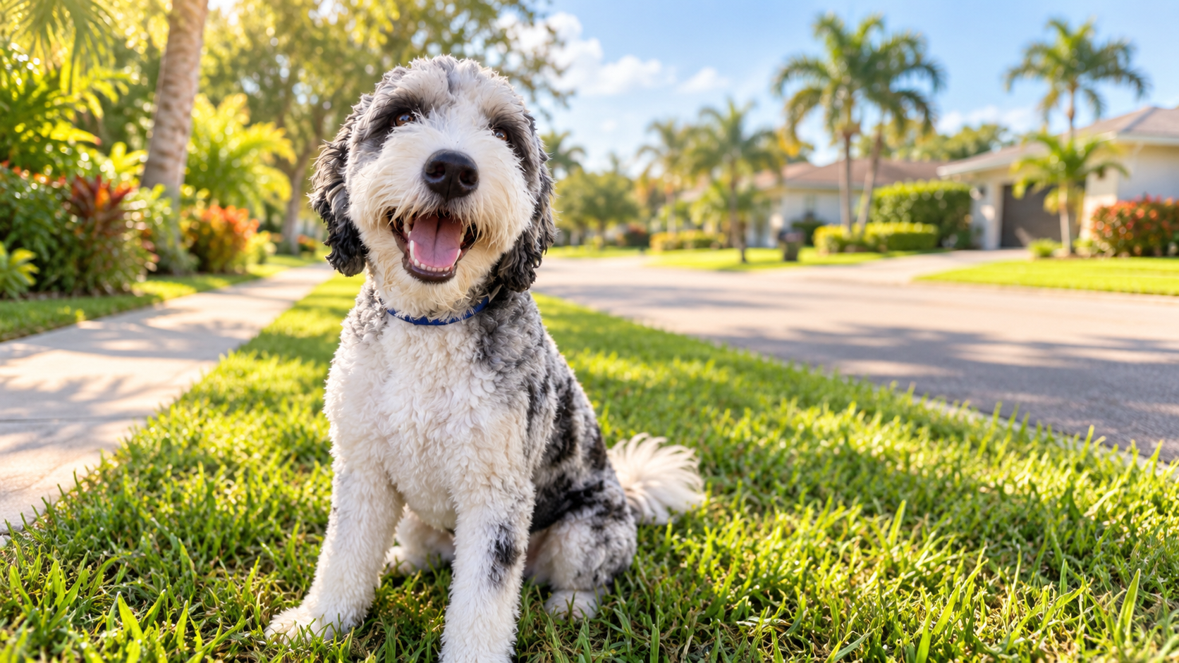 Bernidoodle sitting on grass in a sunny Florida neighborhood, illustrating how a dog’s reaction is often influenced by everything building up before the obvious trigger.