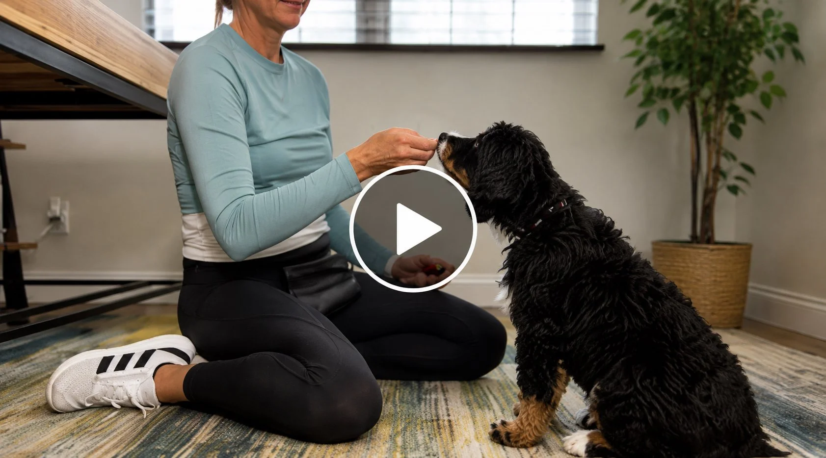 Trainer teaching marker training and engagement to a puppy.