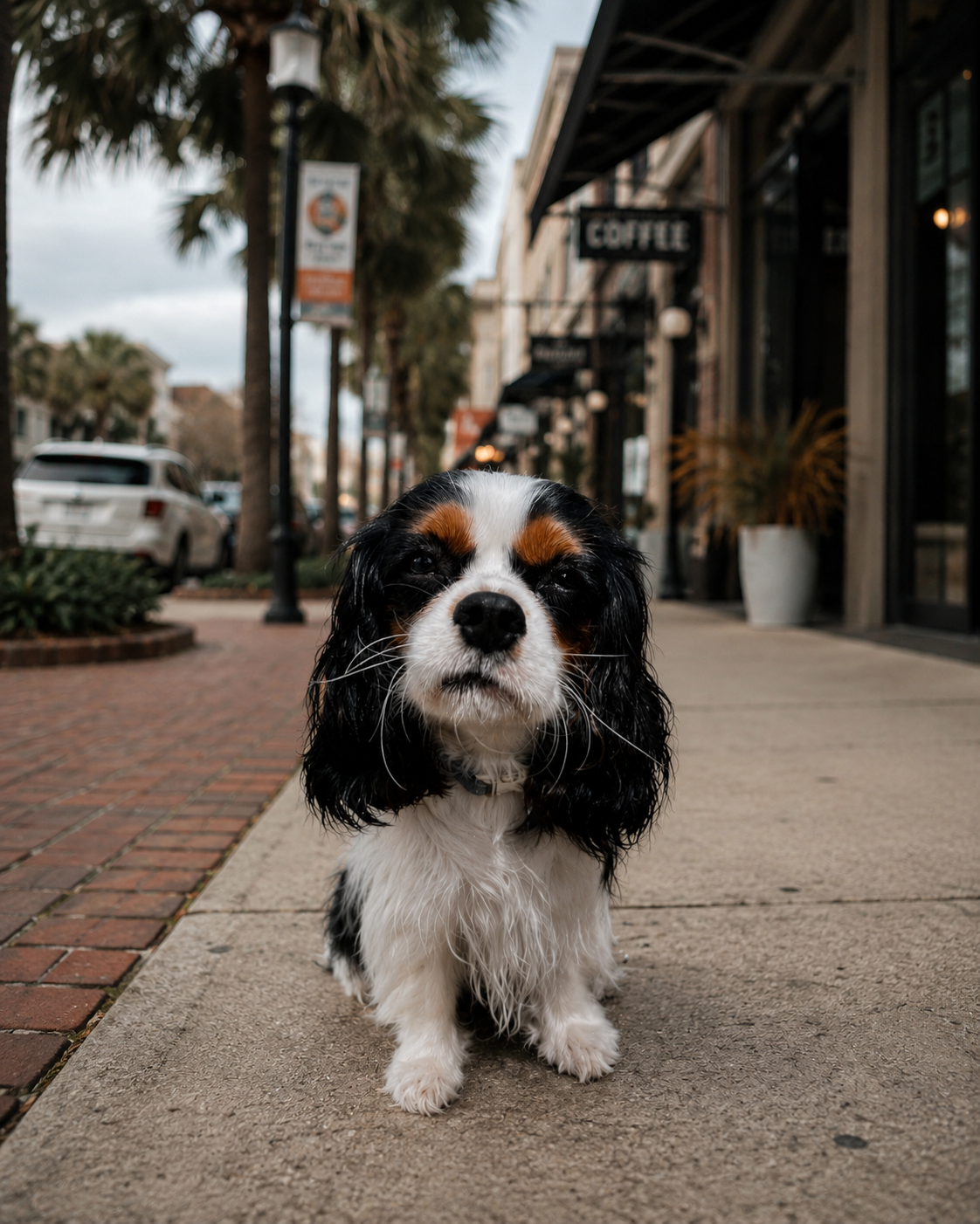Cavalier King Charles Spaniel sitting calmly on a Florida-style city sidewalk with palm trees and storefronts in the background, representing real-world dog training, impulse control, and behavior under distraction.