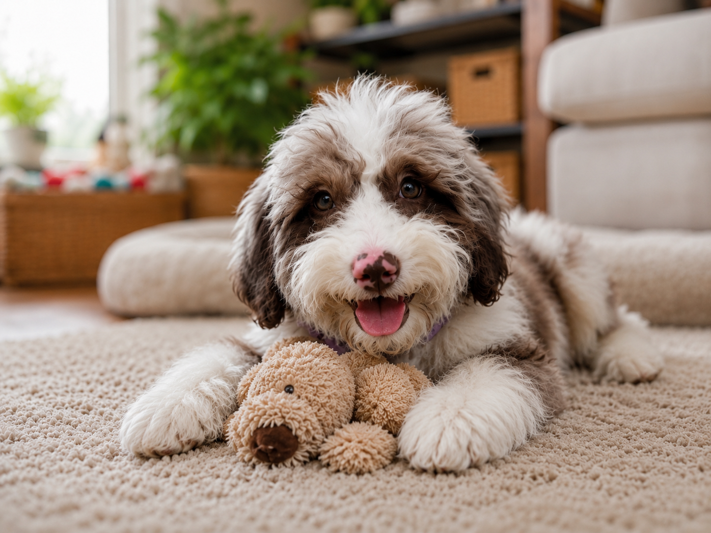 Young Aussiedoodle puppy resting calmly indoors with a stuffed toy, illustrating how early structure, guidance, and emotional development shape a puppy’s nervous system and future behavior.
