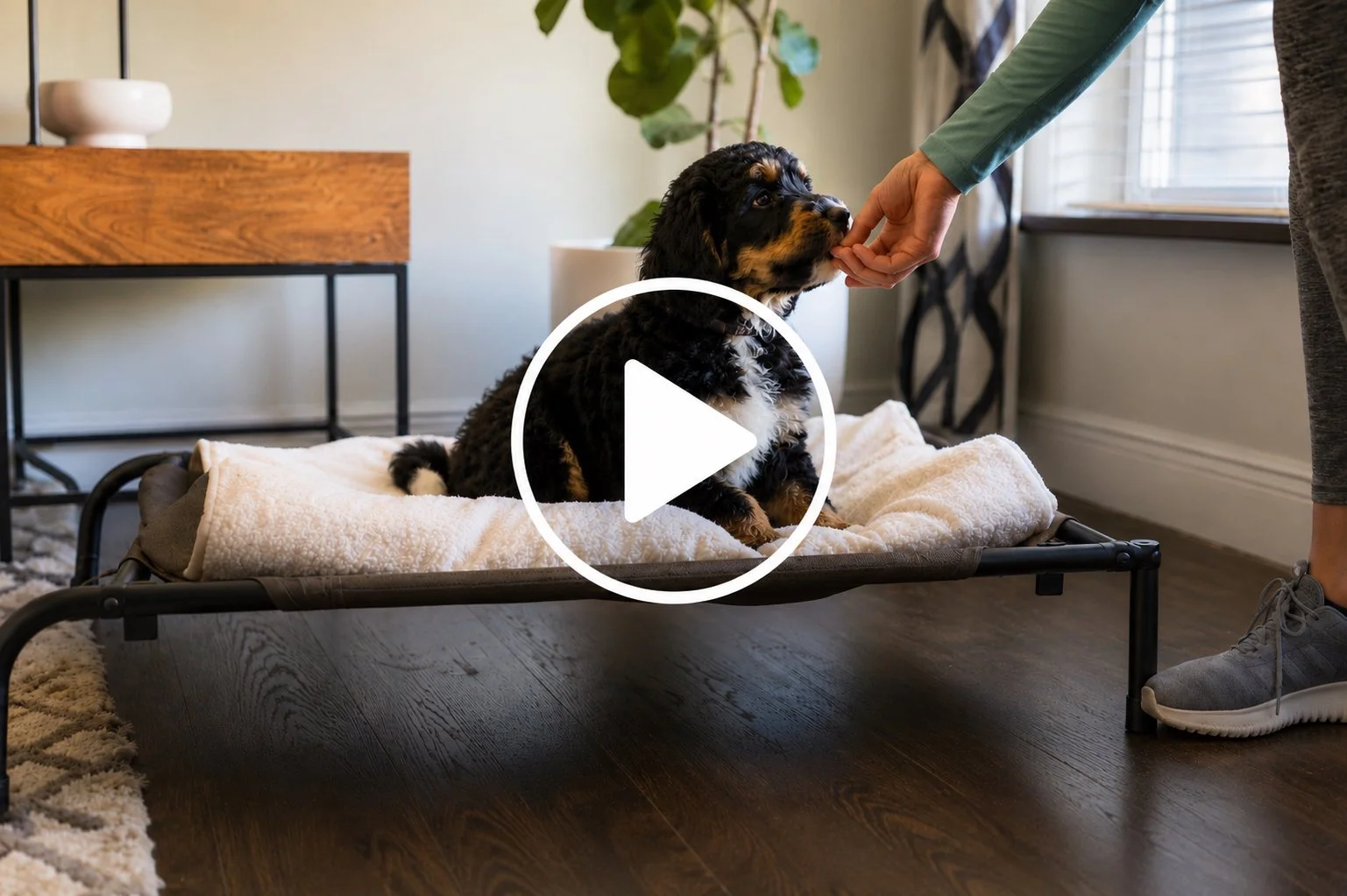 Trainer teaching a puppy to calmly remain on place.