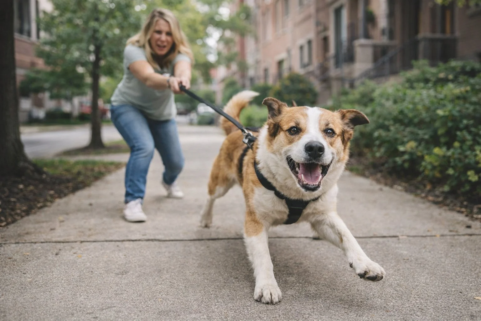 Dog pulling on leash while owner struggles to control behavior during walk, illustrating lack of training and leadership