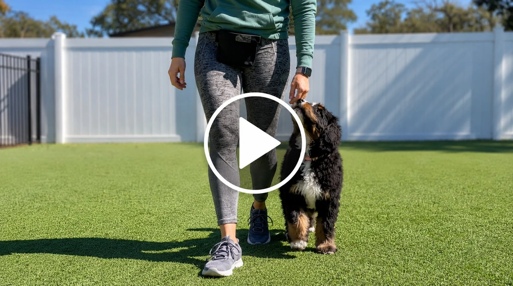 Trainer teaching a puppy to walk calmly in heel position while maintaining engagement and focus.