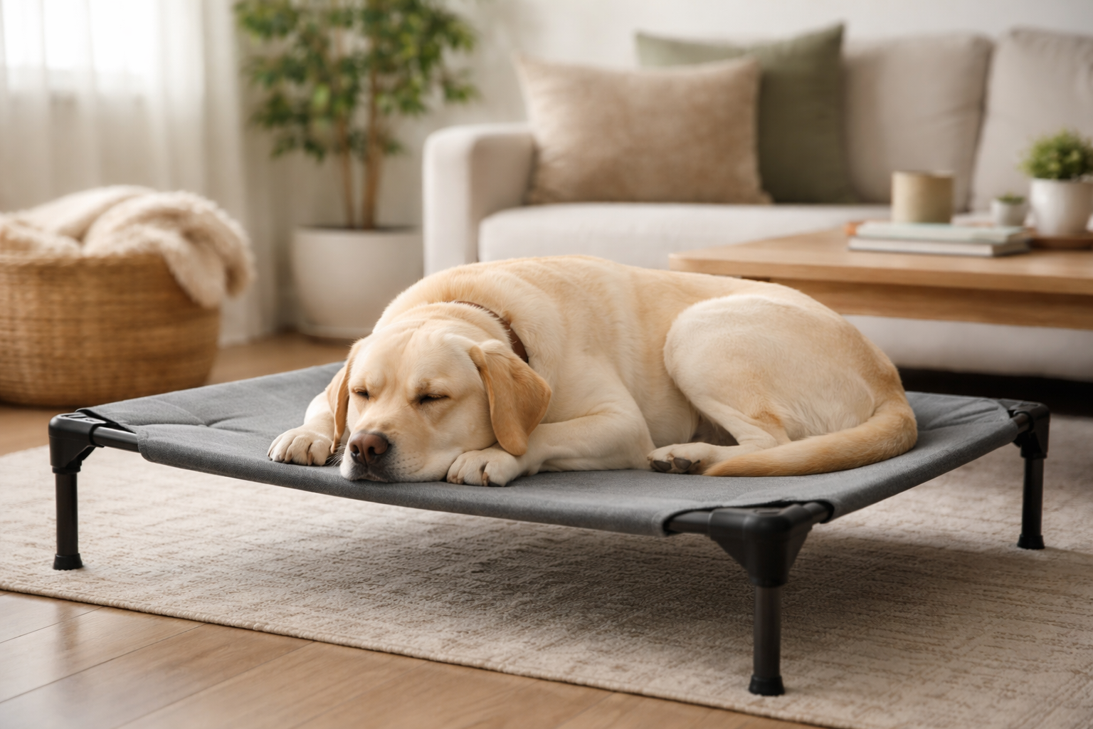 Calm yellow Labrador resting on a place cot in a living room, demonstrating structured relaxation and enforced calm training